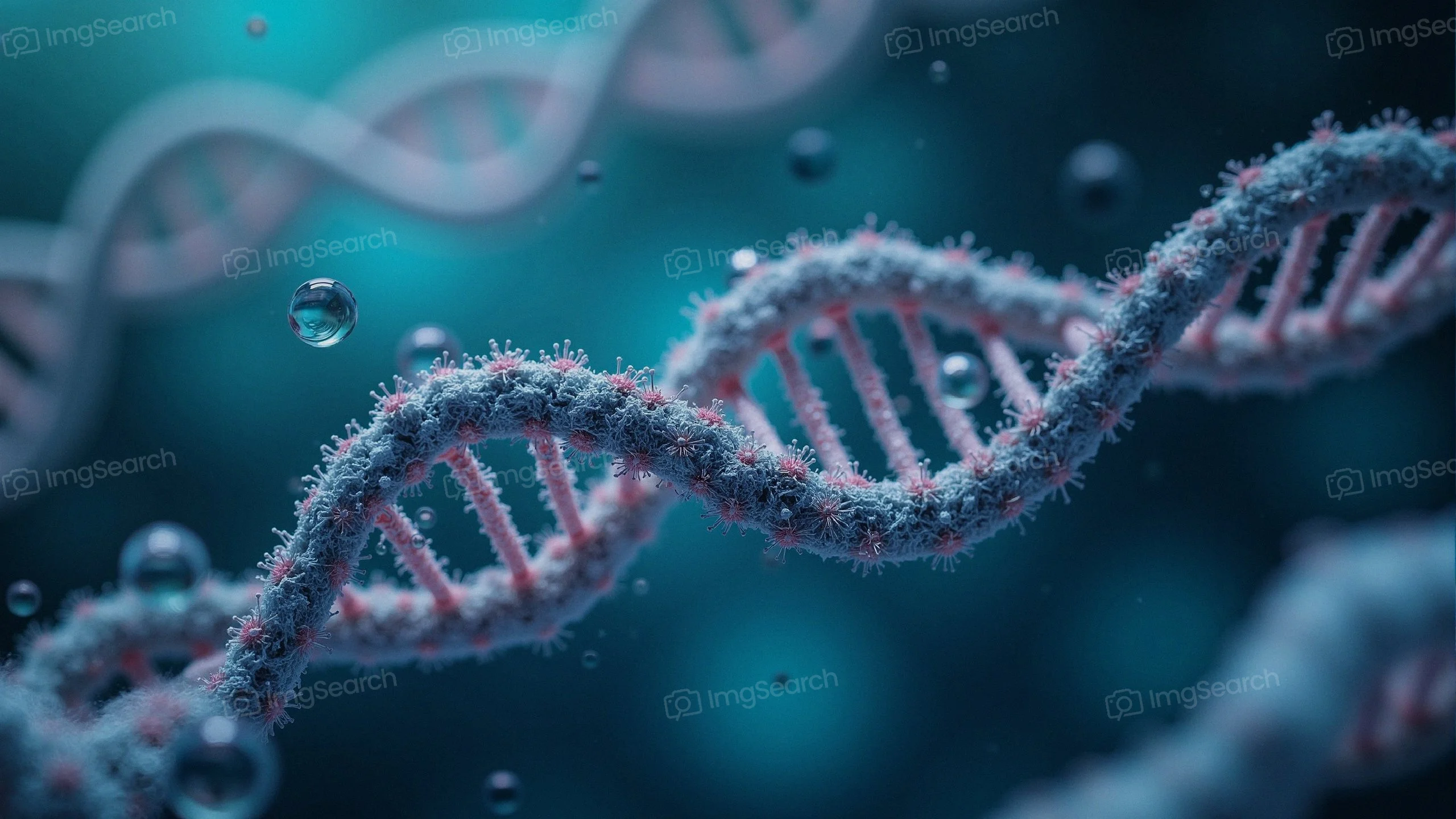 3D illustration of a DNA double helix with bubbles in the background