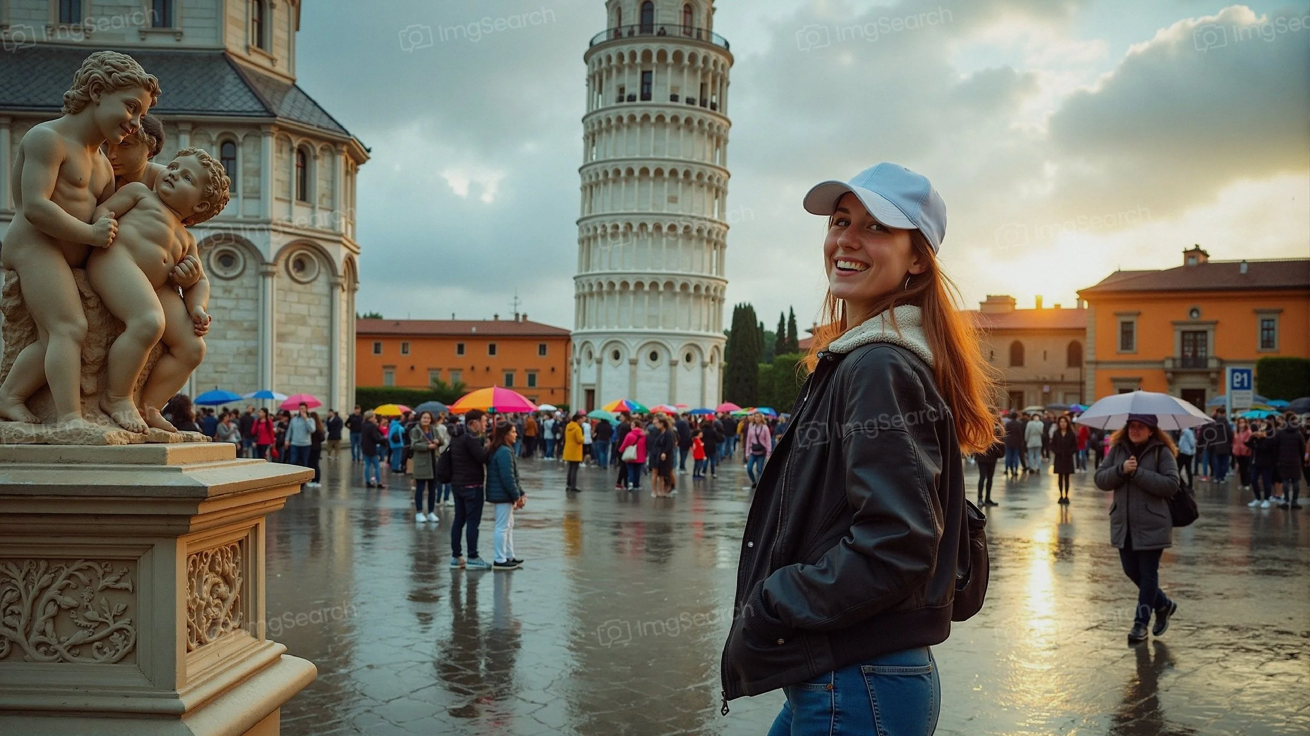Young woman smiling in front of the Leaning Tower of Pisa during sunset