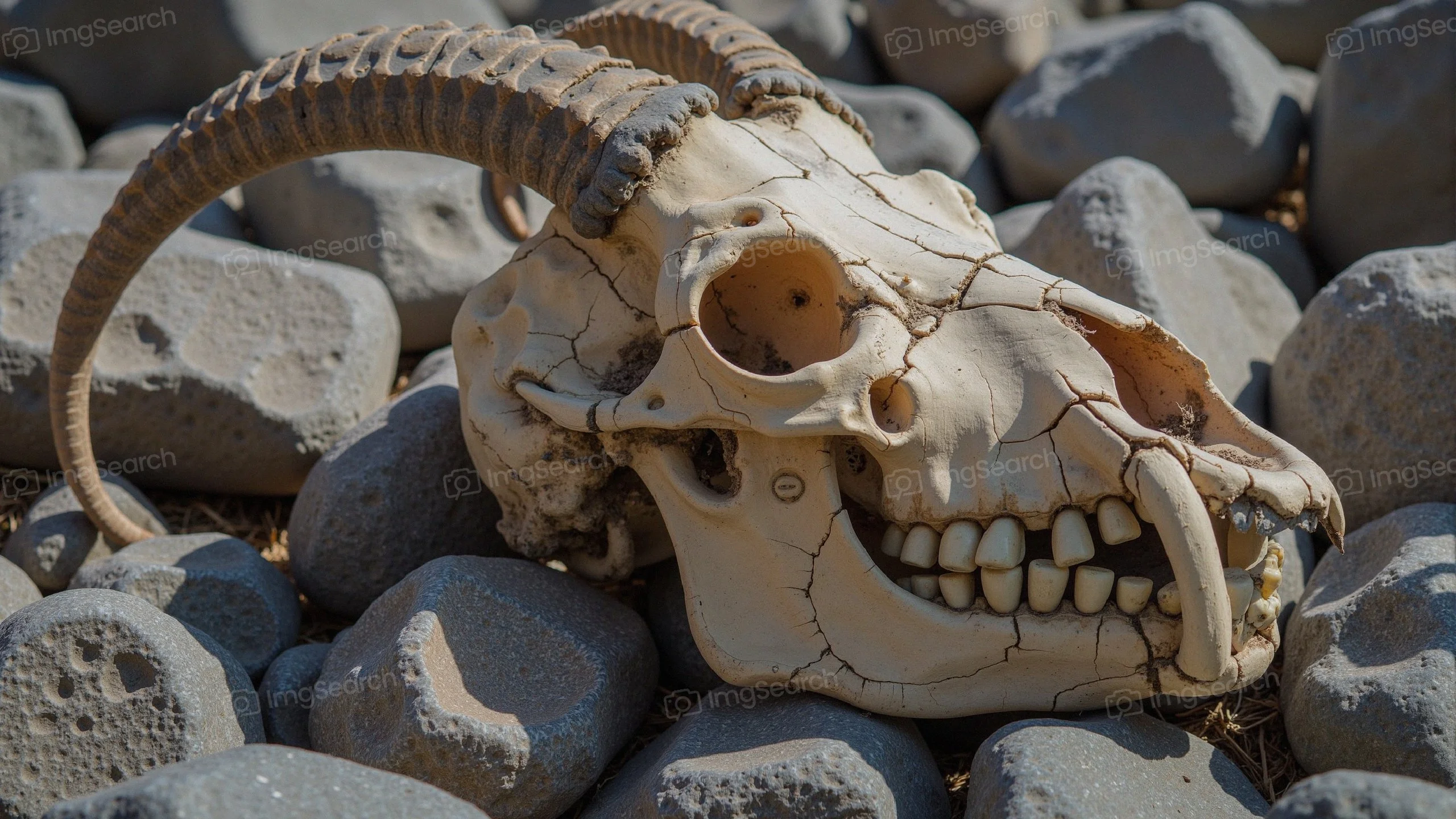 Bleached ram skull resting on rocky surface