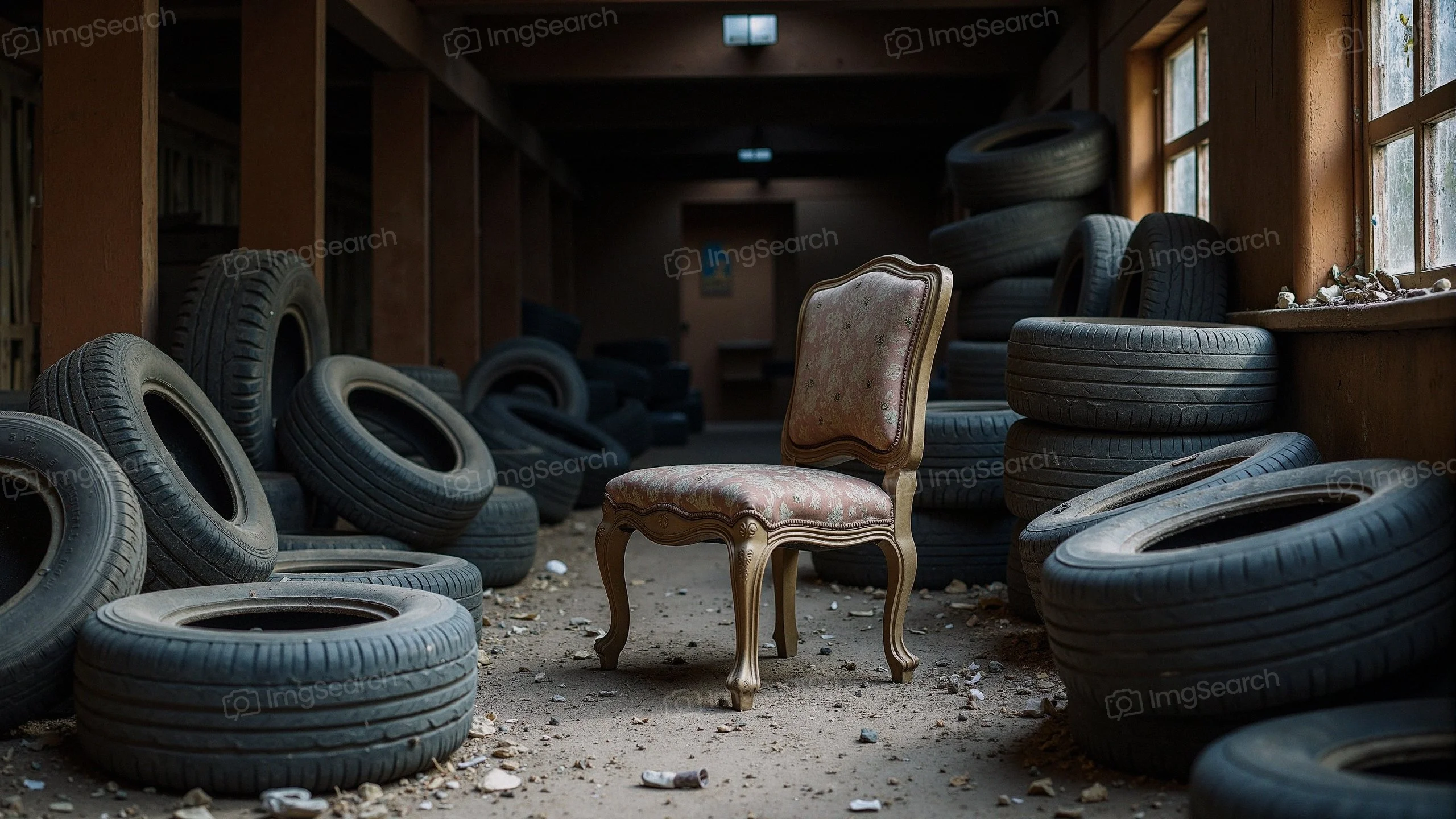 An ornate chair surrounded by old tires in a deserted room.