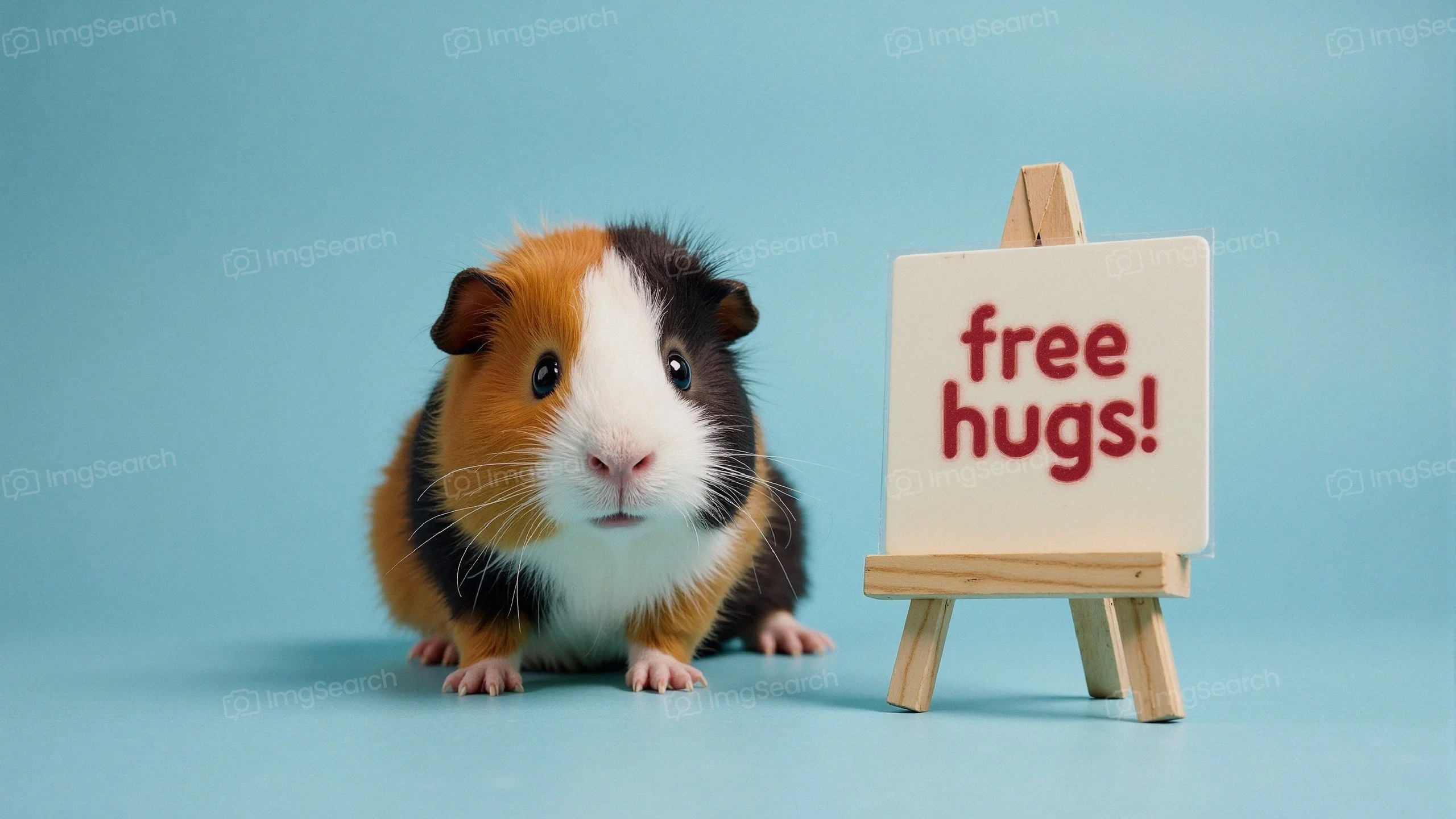 A guinea pig next to a sign that says 'free hugs!'