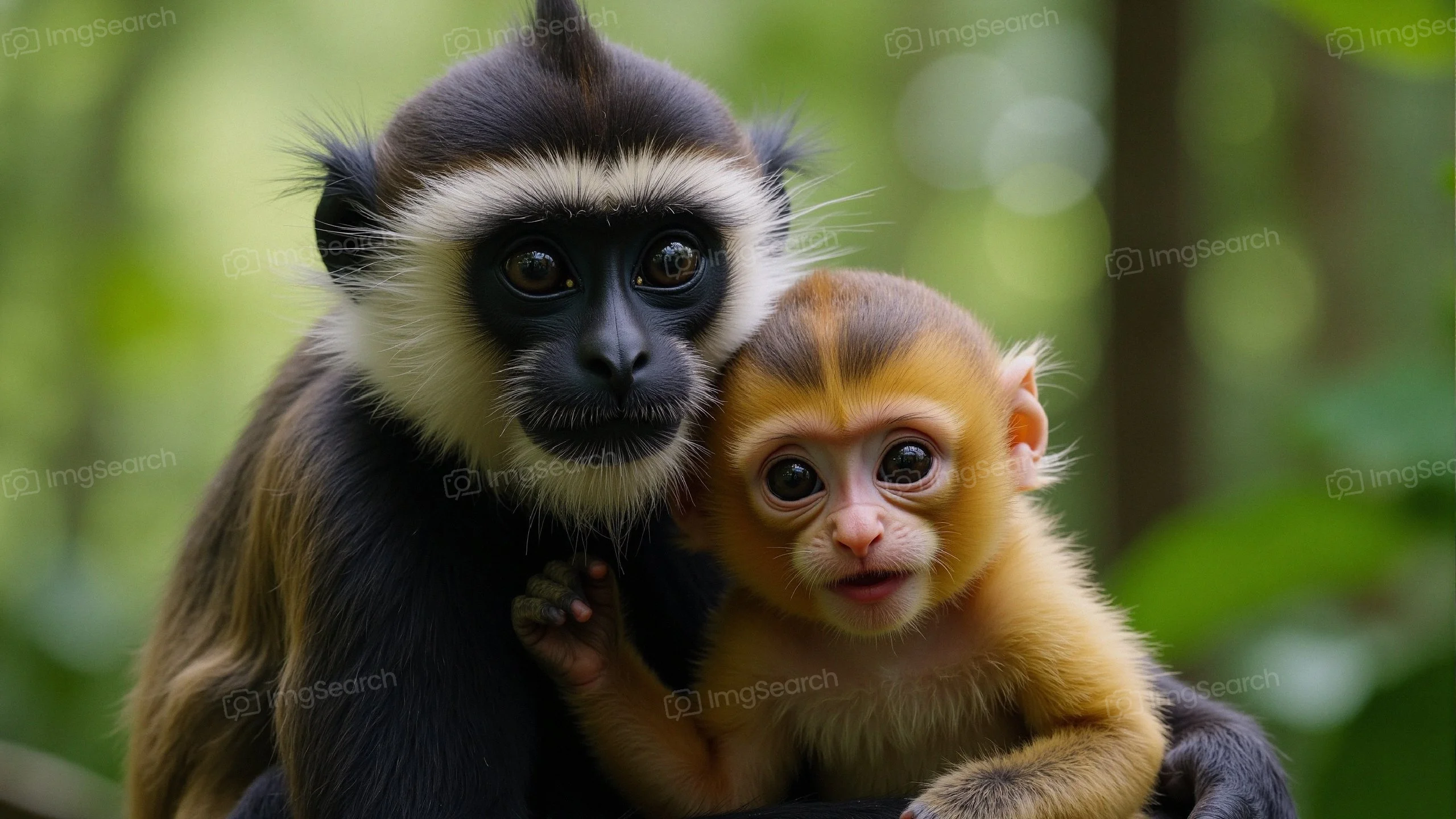 A mother monkey comforting her baby in a lush green forest.