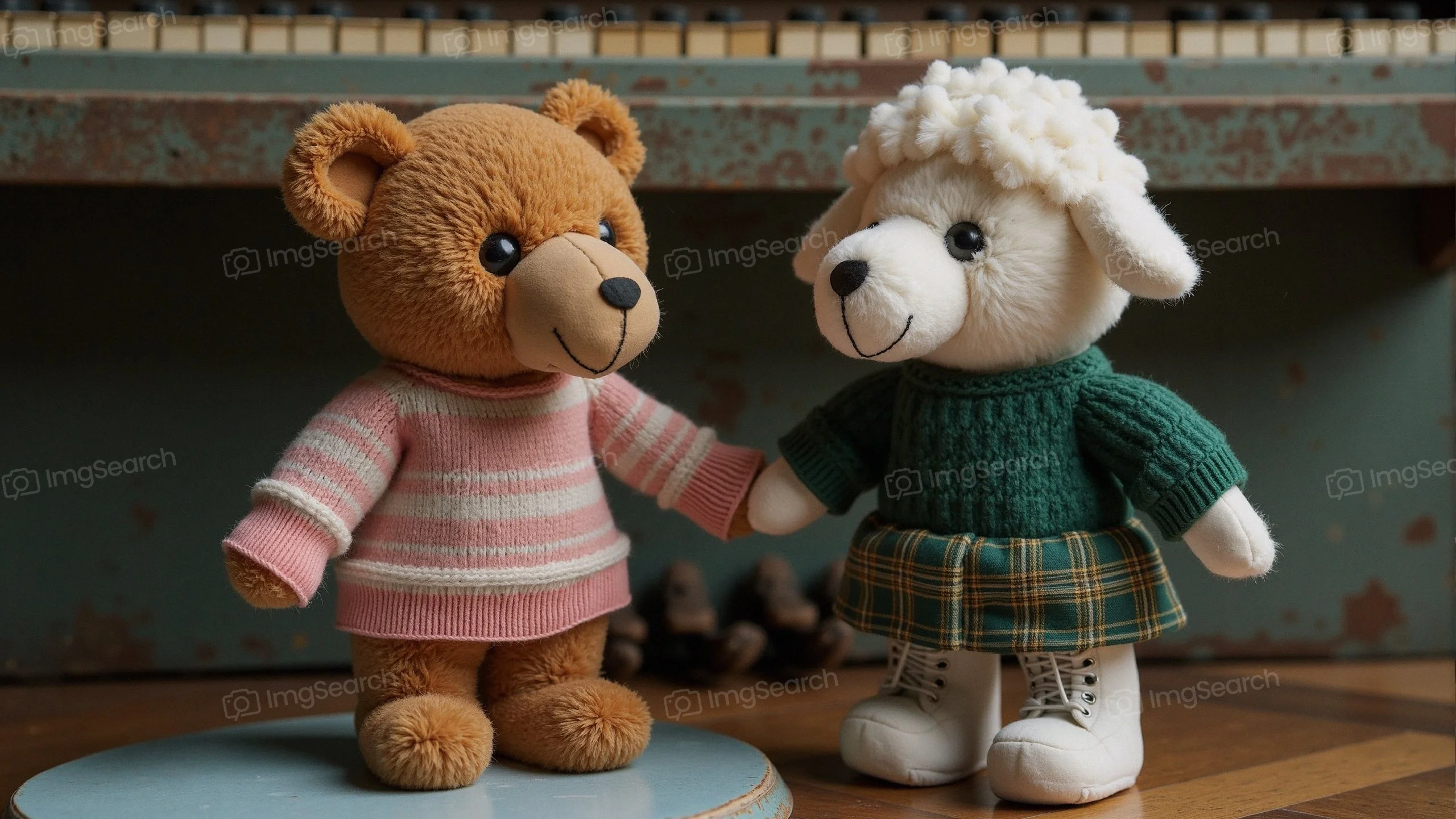 Two plush teddy bears, one in a pink-striped sweater the other in a green dress, holding hands in a cozy environment