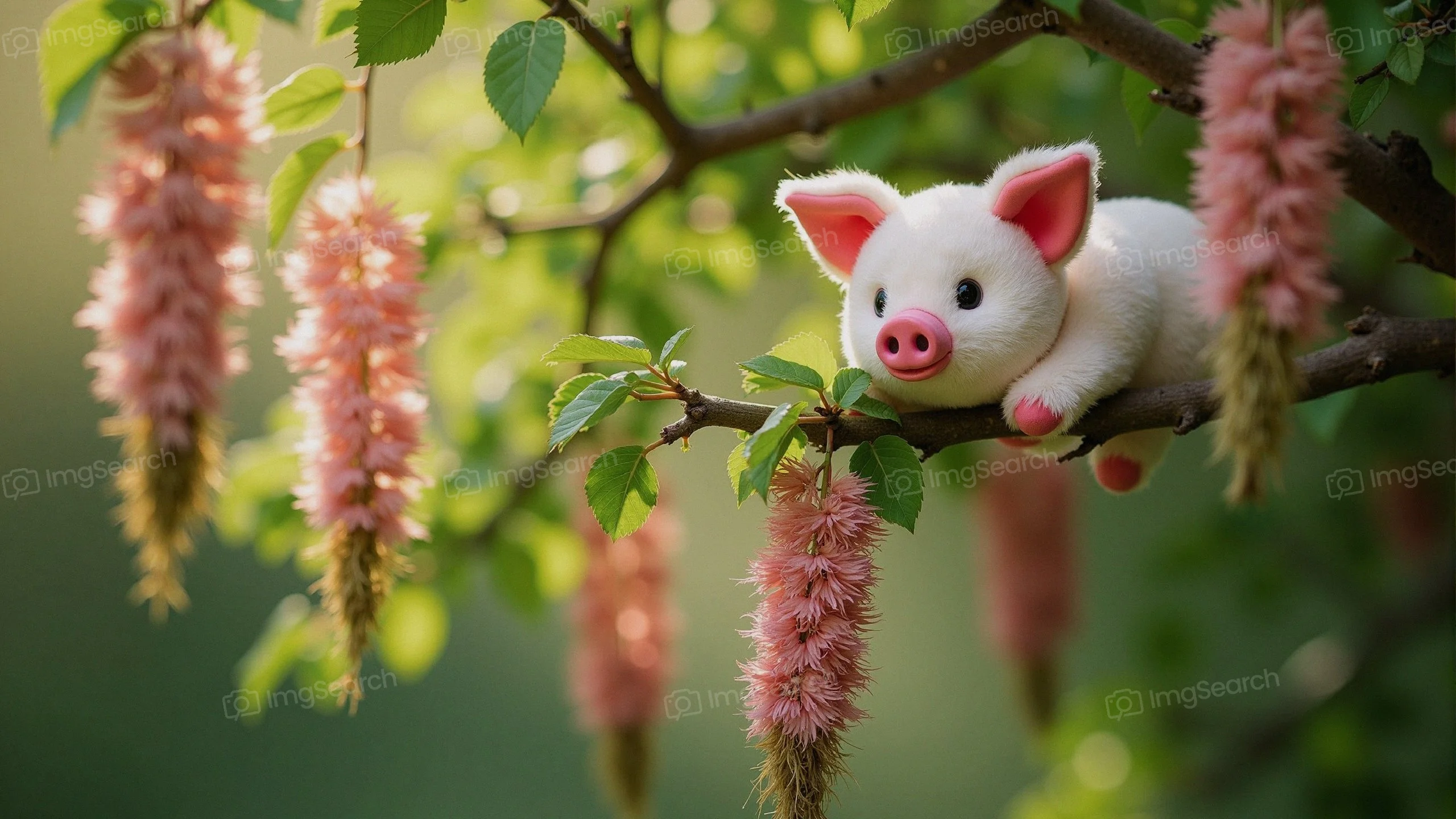 A plush piglet lying on a branch surrounded by pink flowers