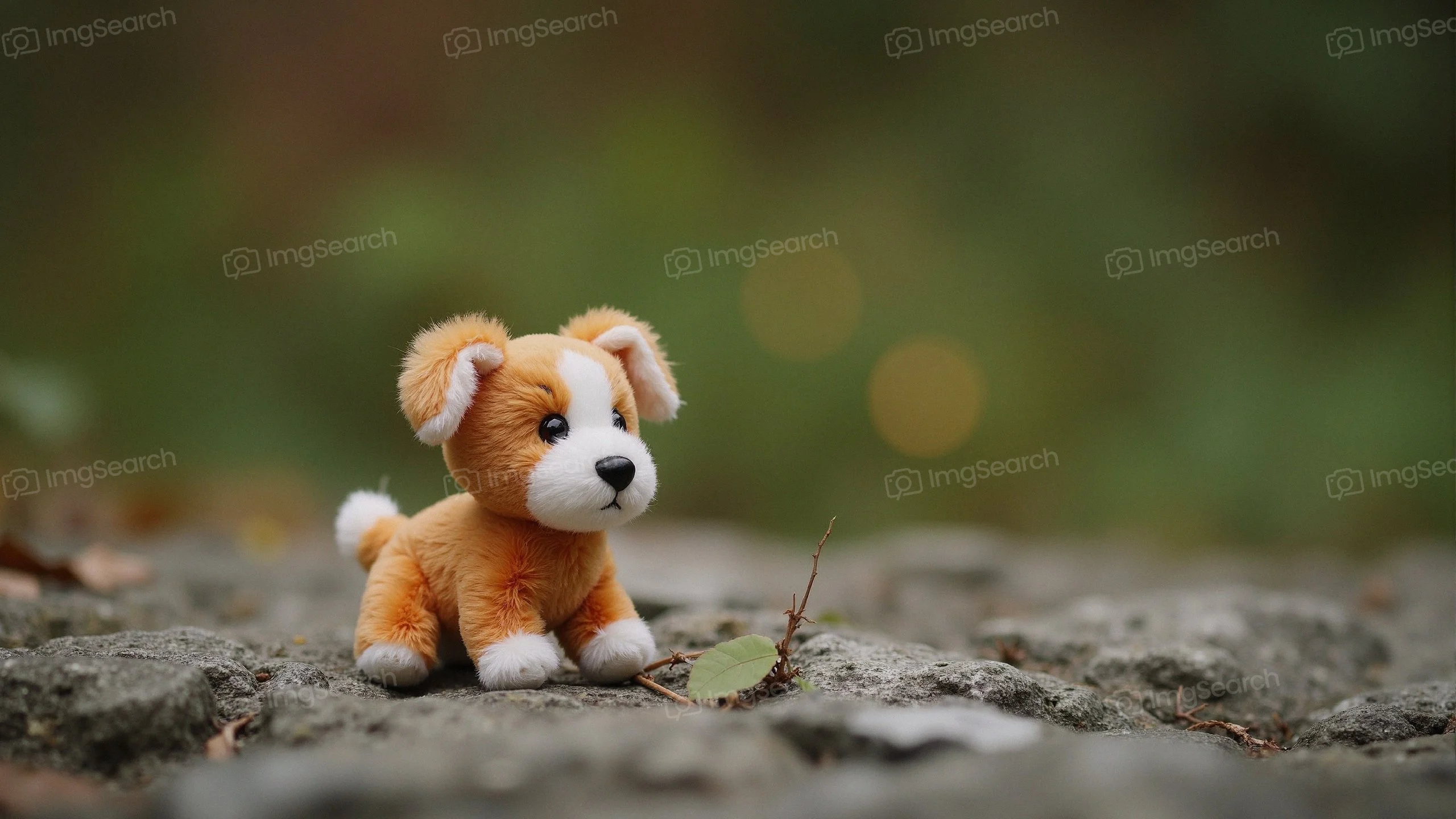 A fluffy plush puppy toy on a stone path