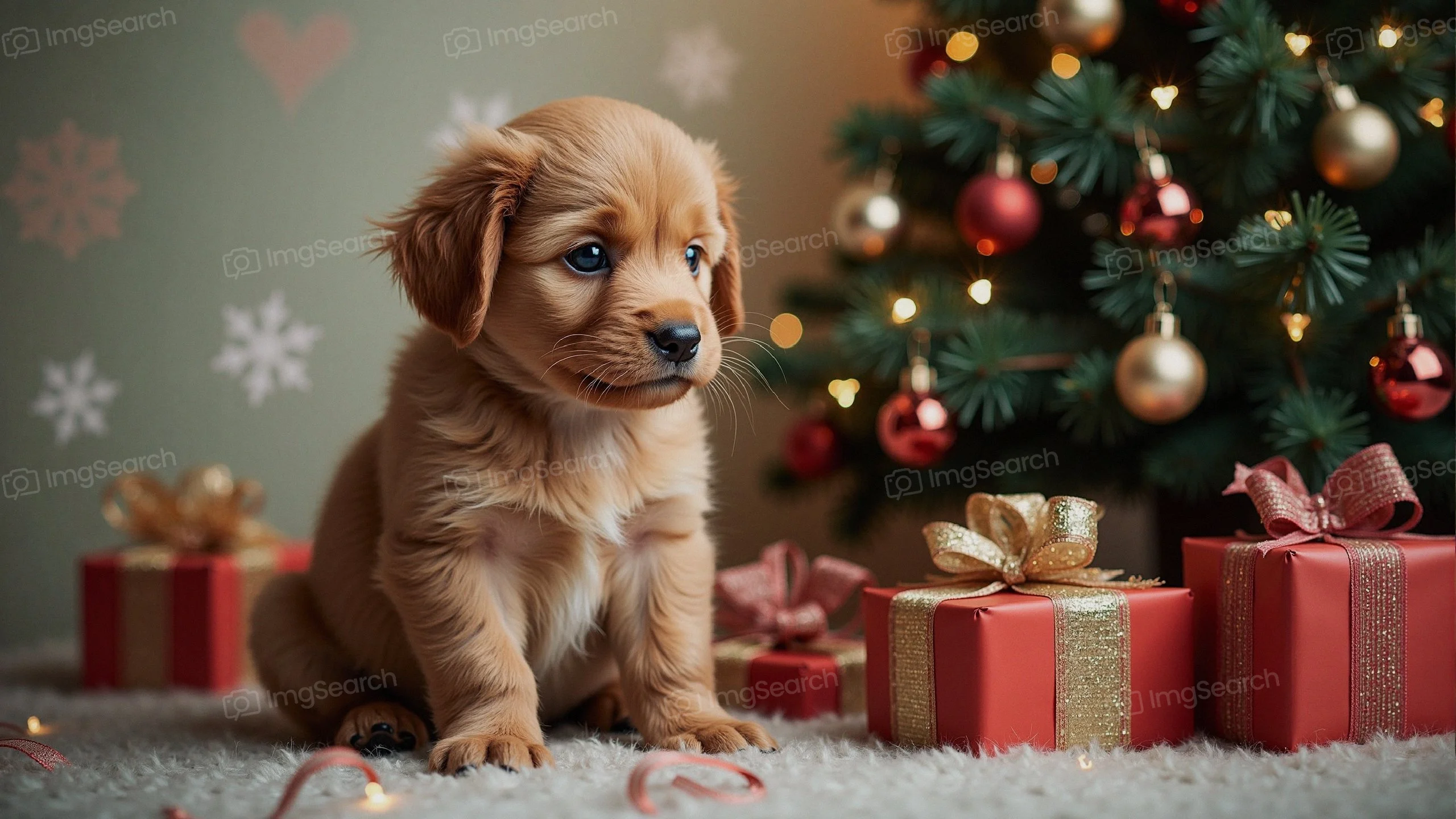 A golden puppy sitting next to Christmas gifts a tree.