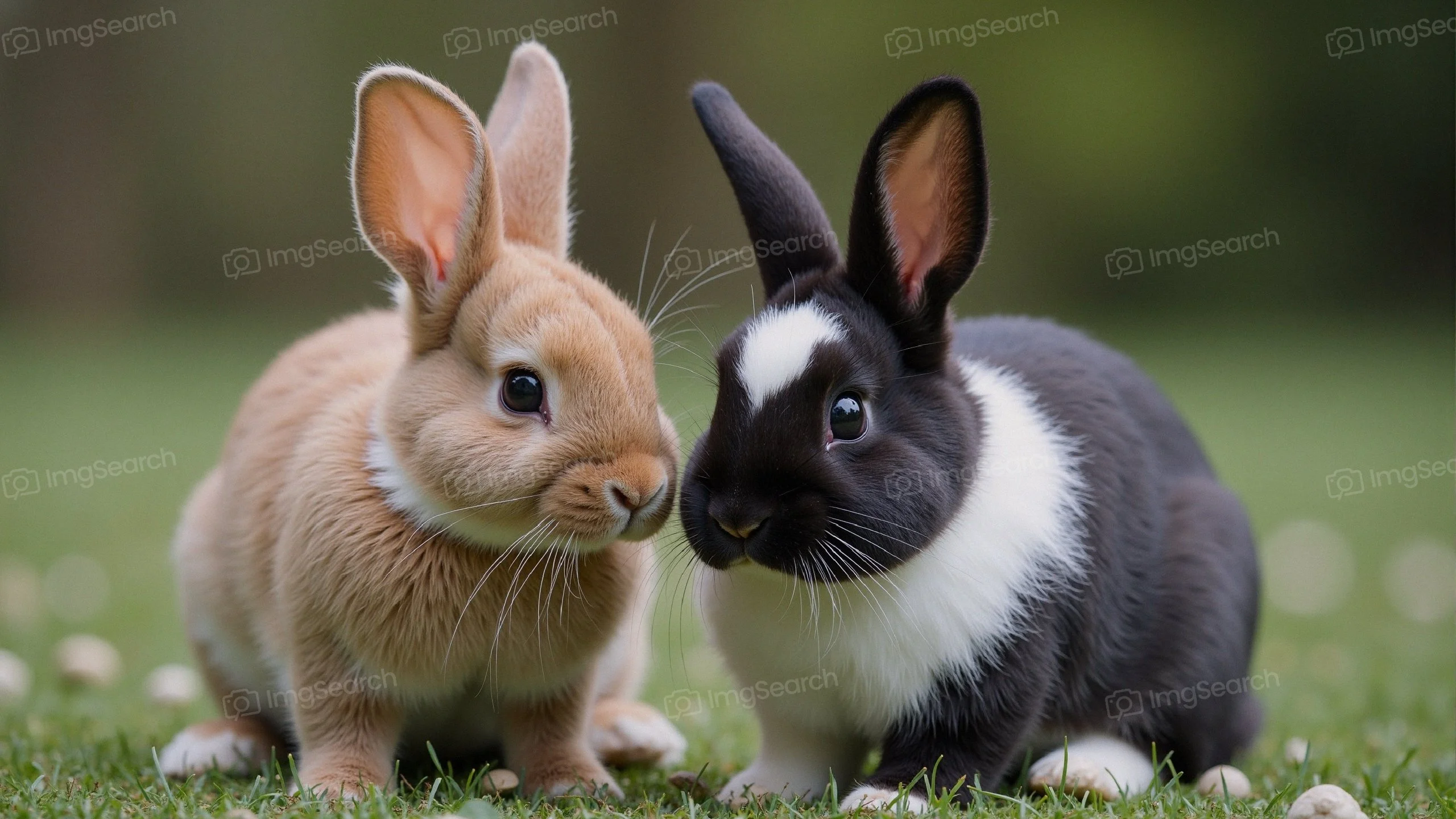 A tan rabbit a black rabbit with white markings sitting together on grass.