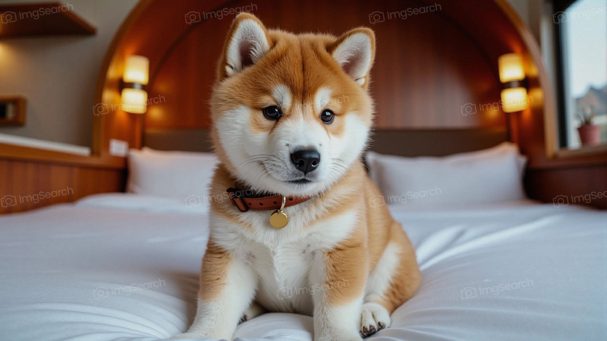 A Shiba Inu puppy sitting on a white bed in a modern room with wooden accents.