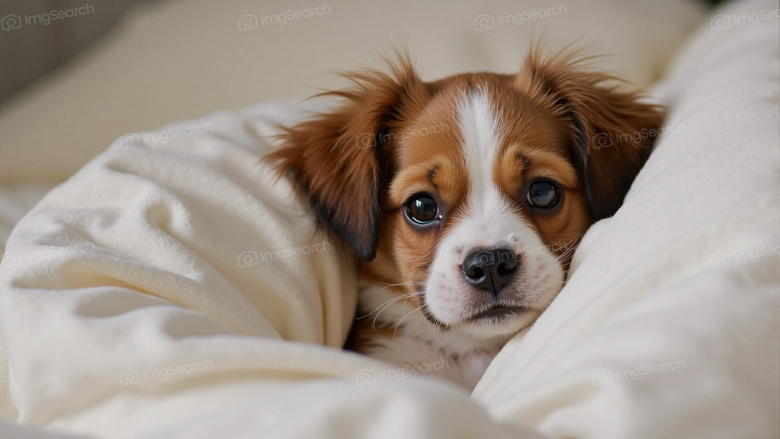 A cute puppy wrapped in a white blanket, looking directly at the camera.