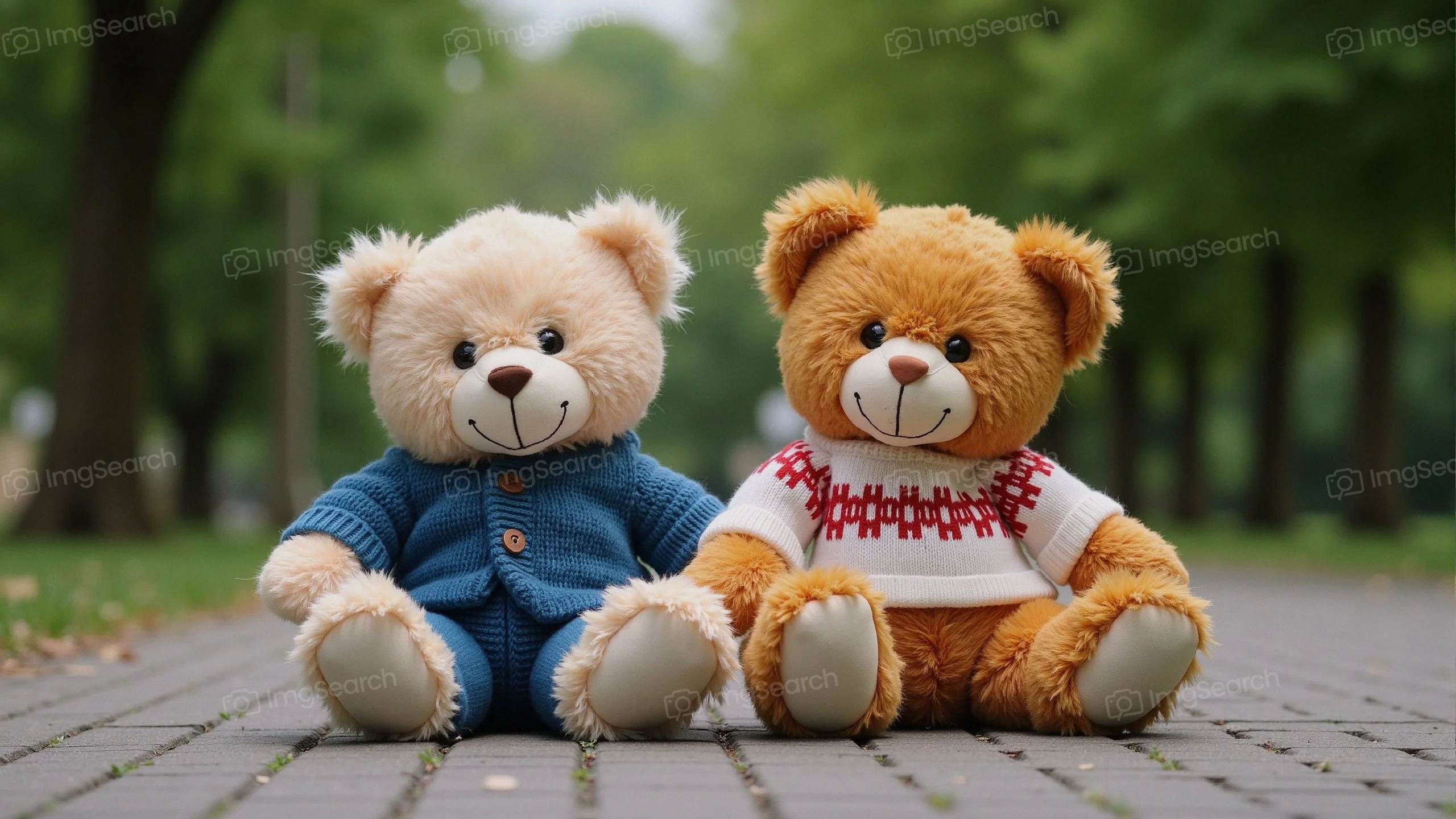 Two adorable teddy bears sitting side by side on a pathway, one in blue one in white sweater