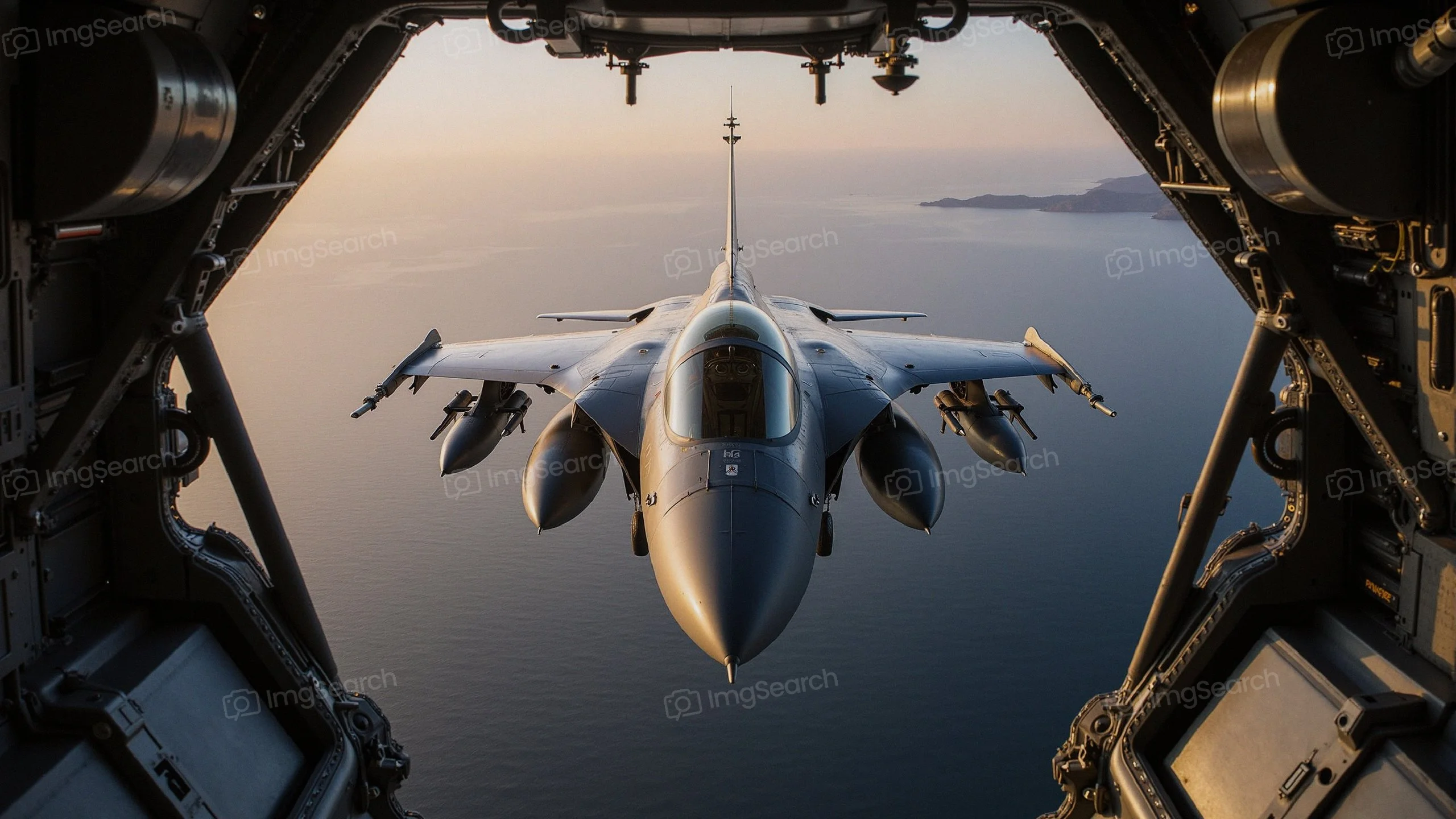 A fighter jet flying above the ocean, as viewed from the cockpit.