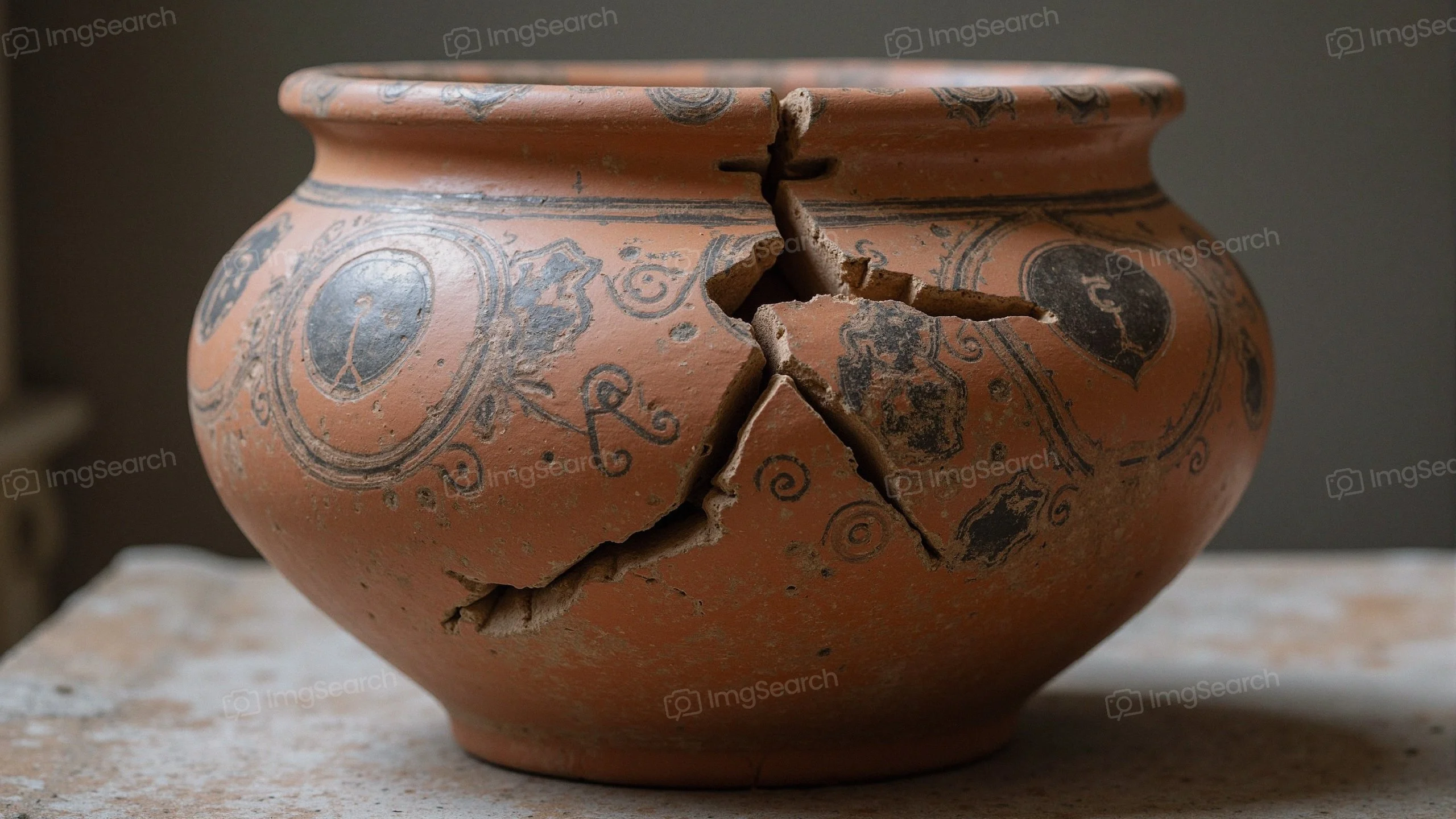 A rustic terracotta pot with visible cracks floral patterns, set in a soft, muted background.