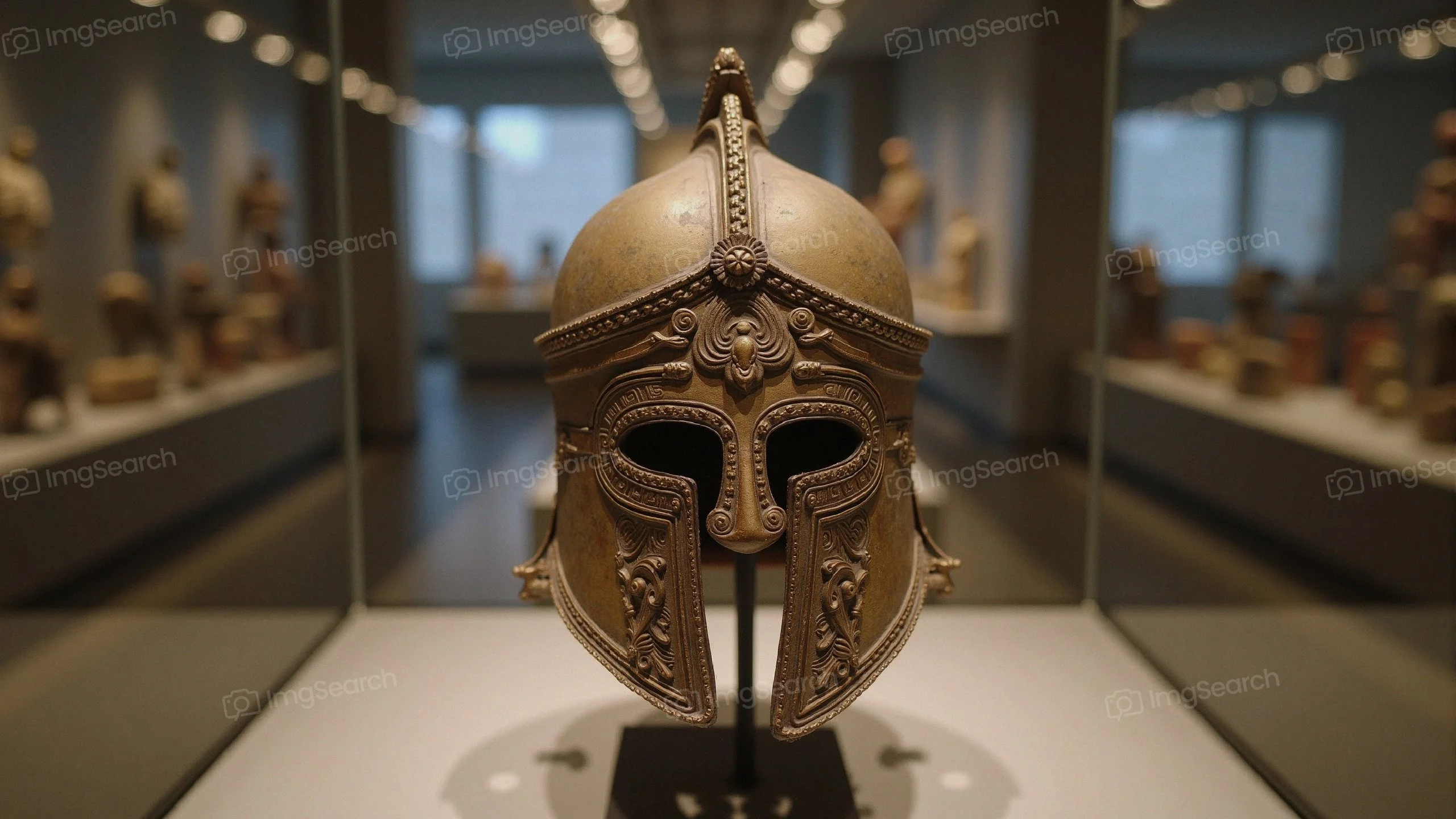 A bronze ancient Greek warrior helmet displayed in a museum with soft, ambient lighting.
