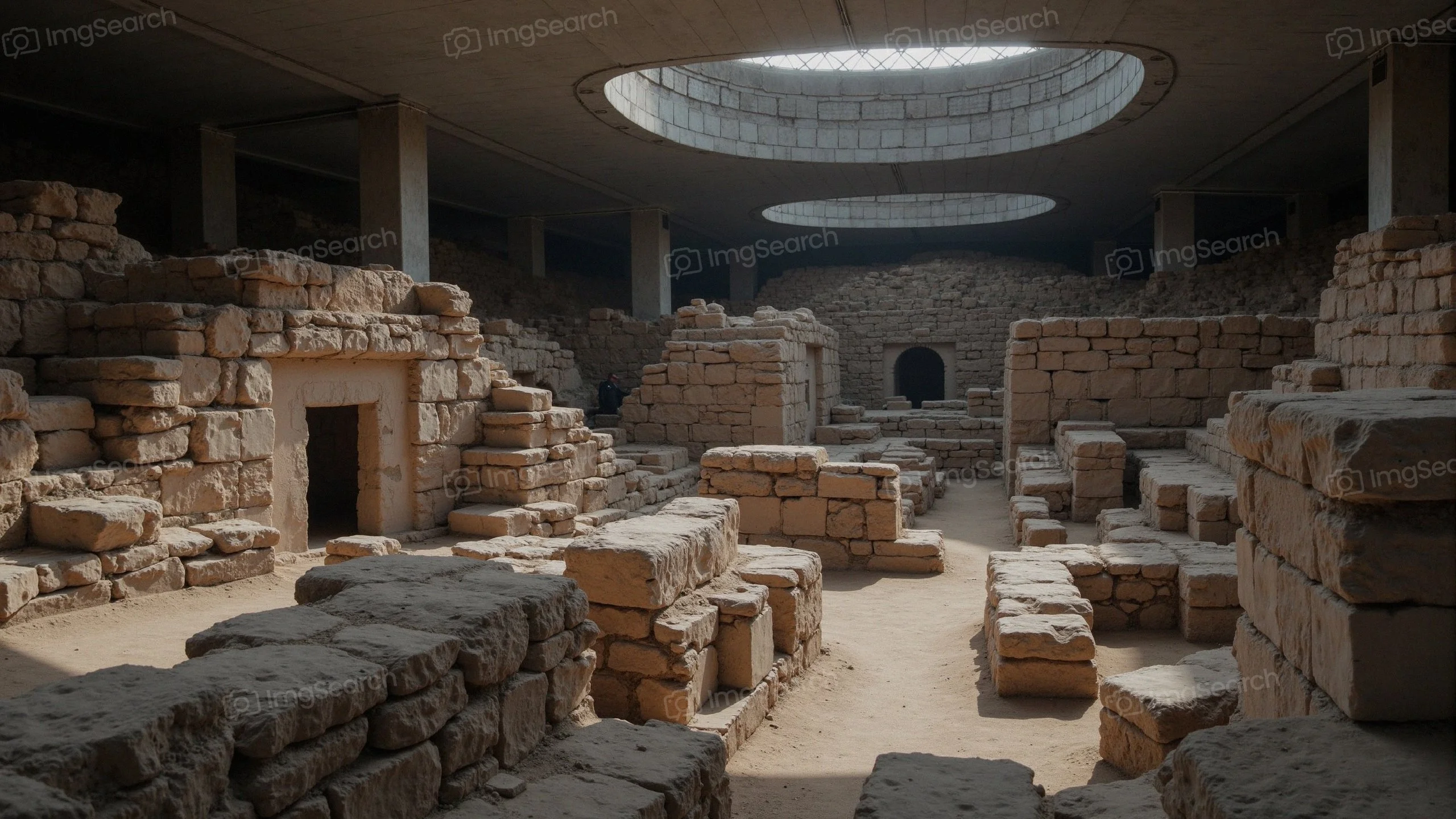 Interior view of ancient ruins with large stone blocks circular ceiling opening allowing sunlight to enter.