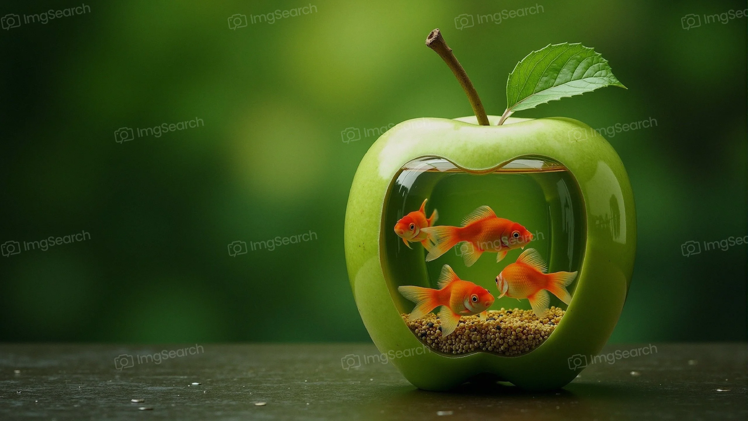 A green apple with a hollow center containing goldfish swimming in a small aquarium.
