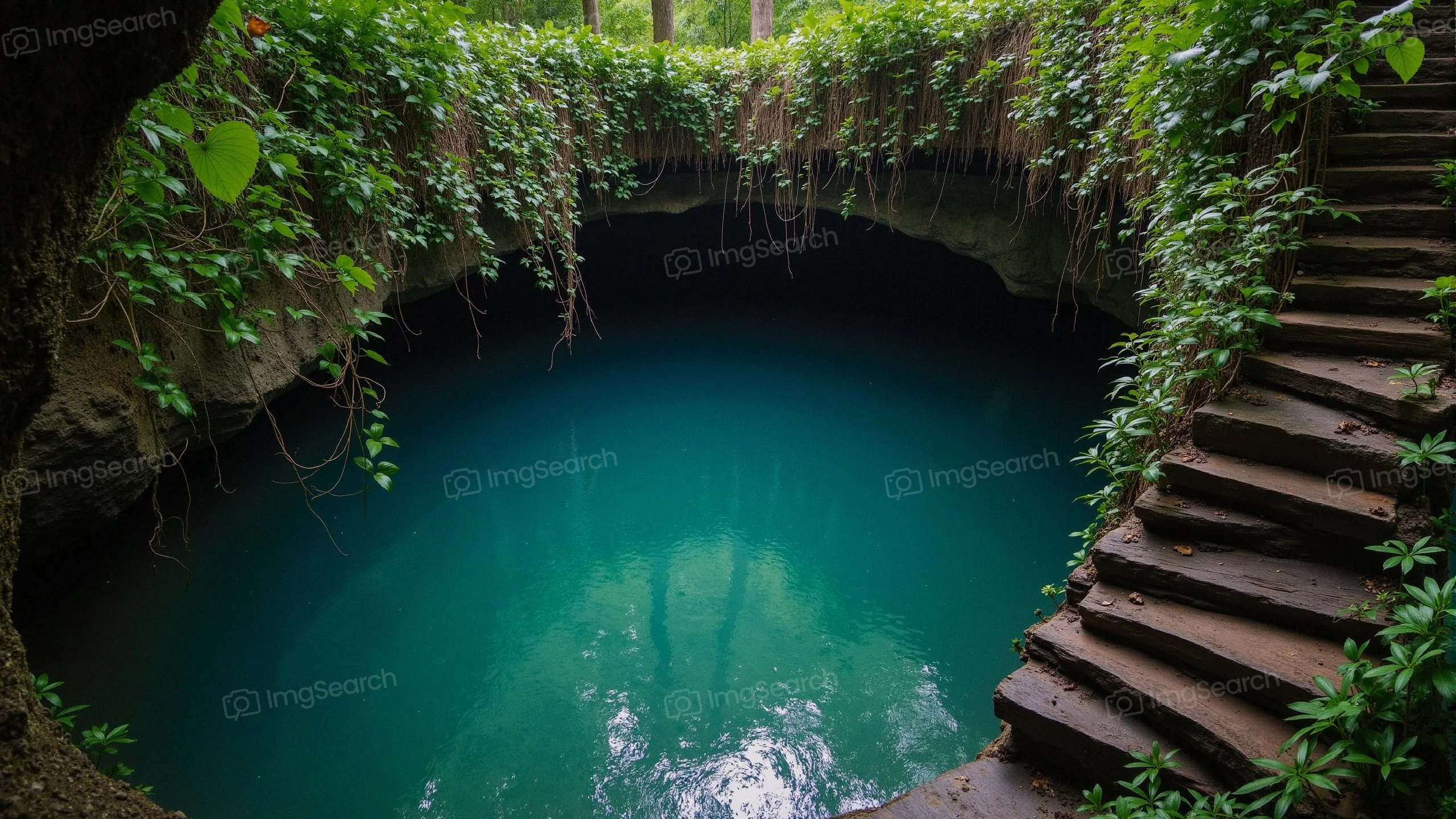 A cave with turquoise water surrounded by lush green foliage stone steps.