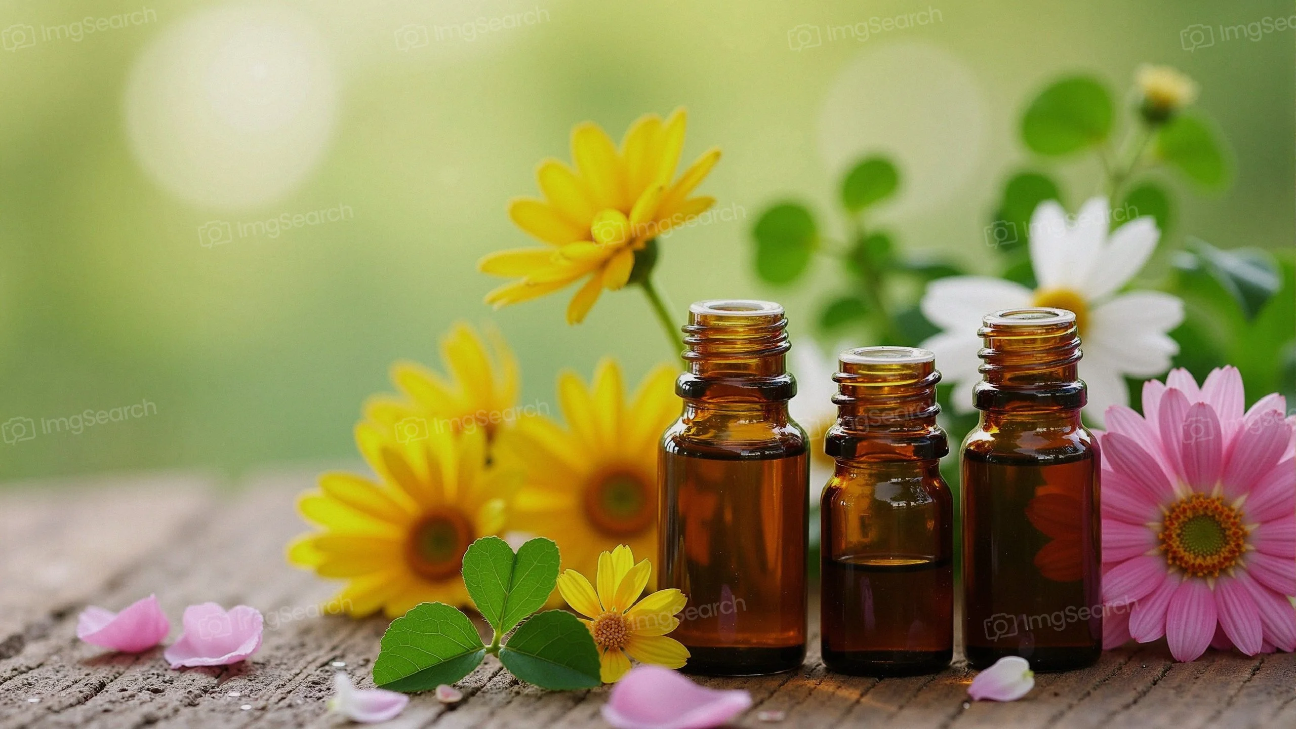 Three brown essential oil bottles surrounded by colorful flowers on a wooden surface.