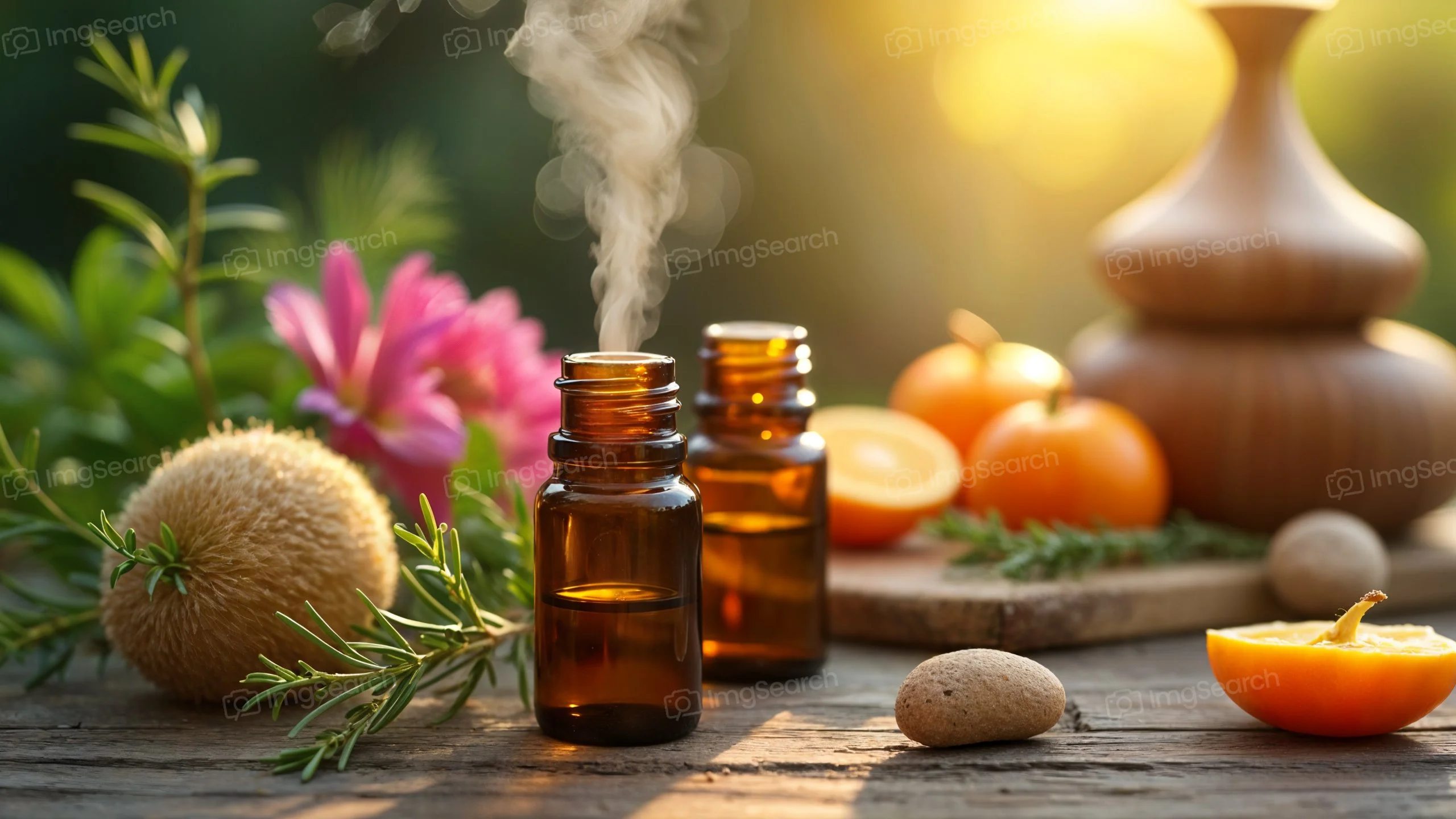 Amber bottles of essential oils surrounded by citrus fruits and herbs in a natural setting