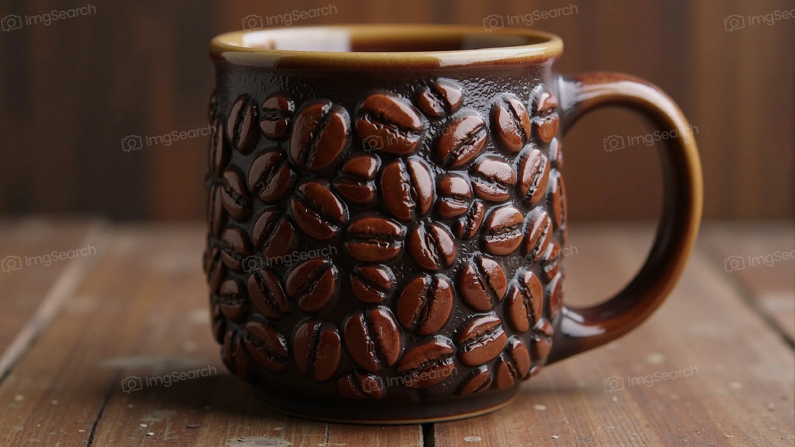 Handcrafted ceramic coffee mug adorned with coffee bean patterns