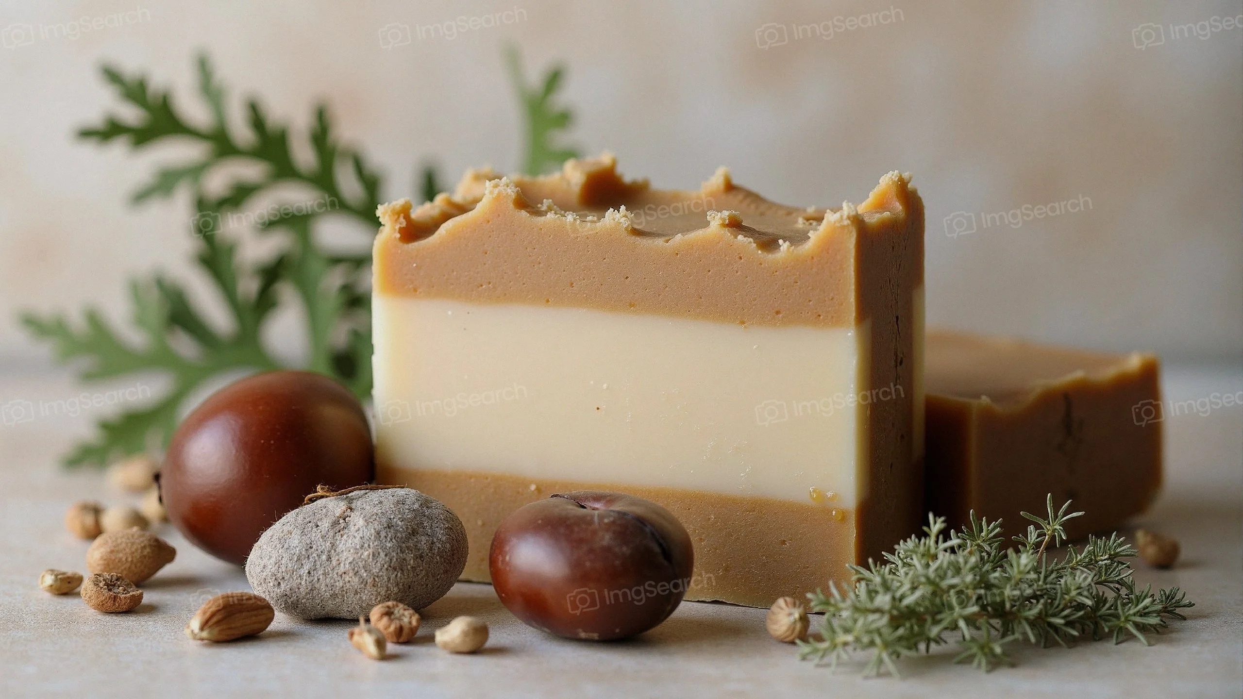 Close-up of layered artisan soap with nuts herbs