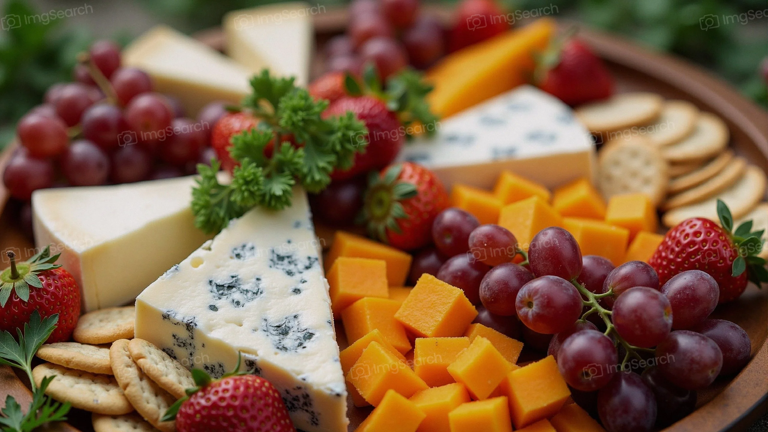 A cheese platter with assorted cheeses, grapes, crackers arranged attractively.