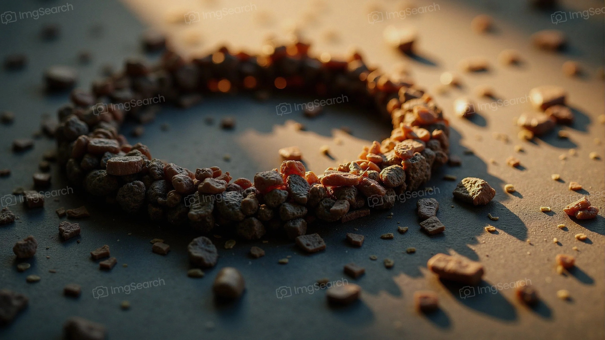 Circular formation of stone fragments on a surface illuminated by light