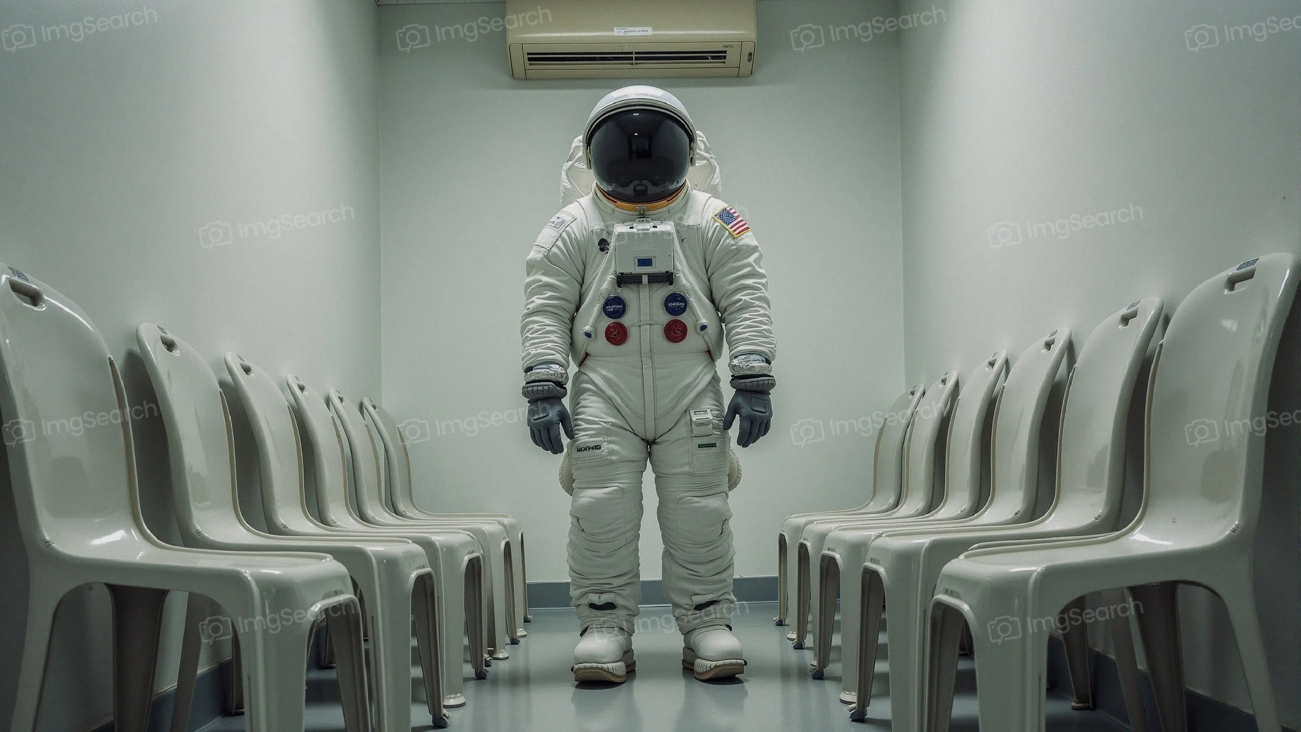 An astronaut in a white spacesuit standing in an empty room with plastic chairs