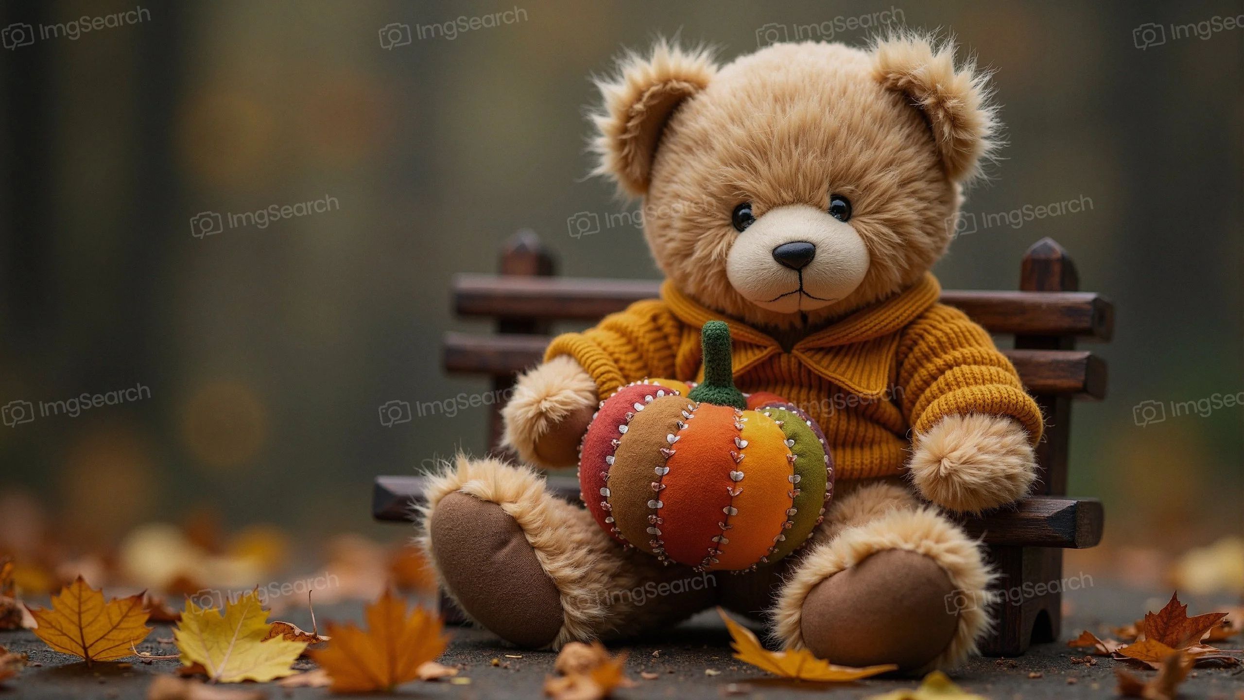 A teddy bear in a sweater holding a small pumpkin while sitting on a bench surrounded by autumn leaves.