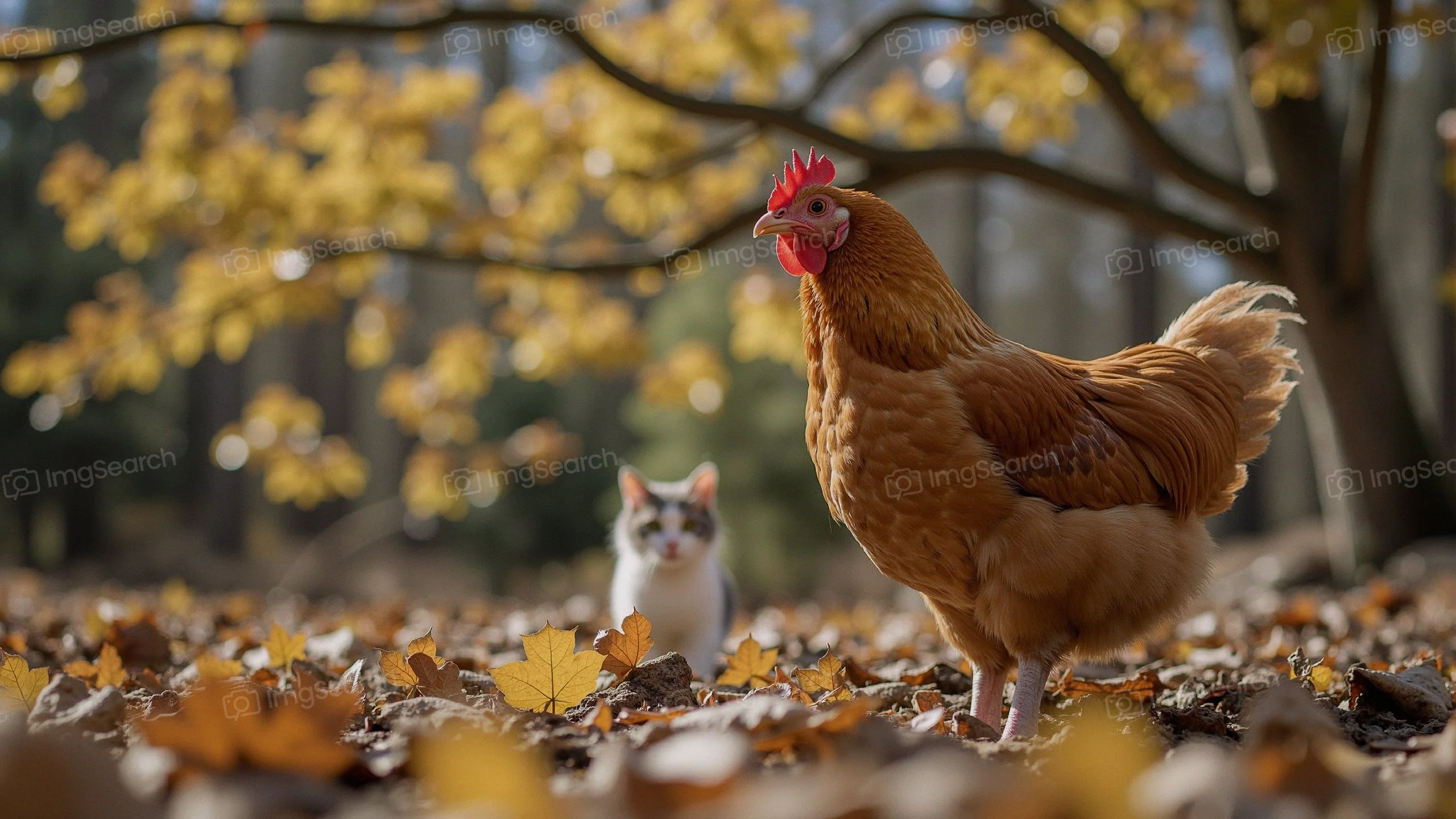 A brown chicken in autumn leaves with a white cat in the background.