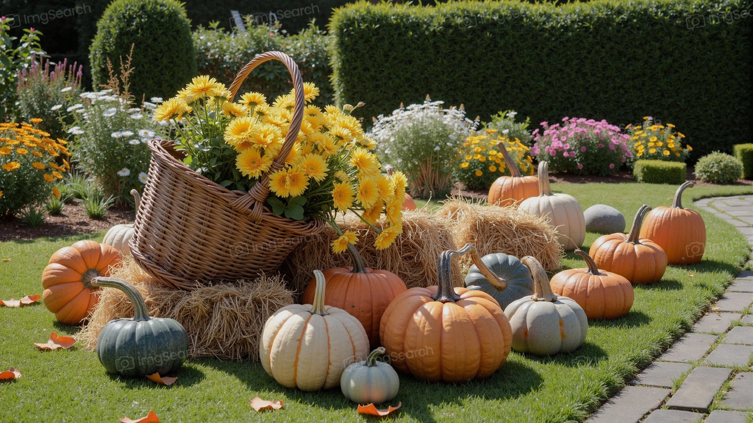 A basket filled with yellow flowers sits atop hay in a garden surrounded by various pumpkins.