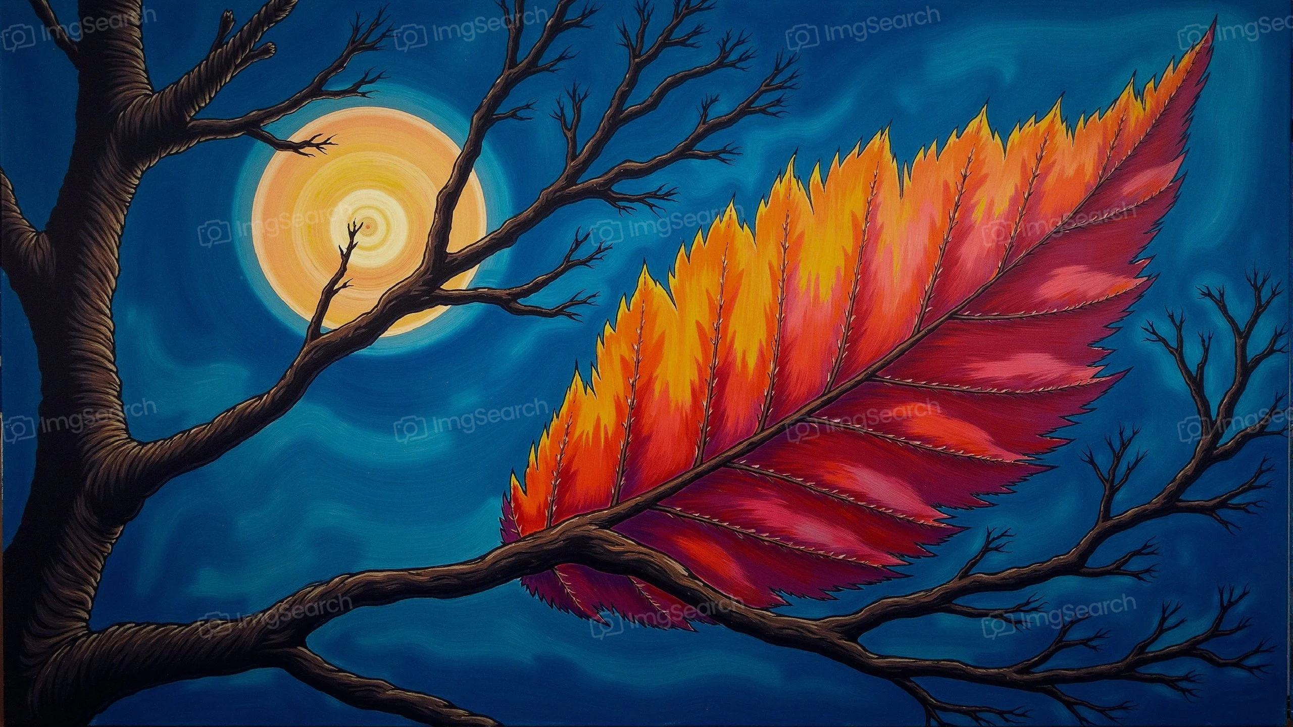 A colorful leaf on a tree branch under a glowing moon in a night sky.