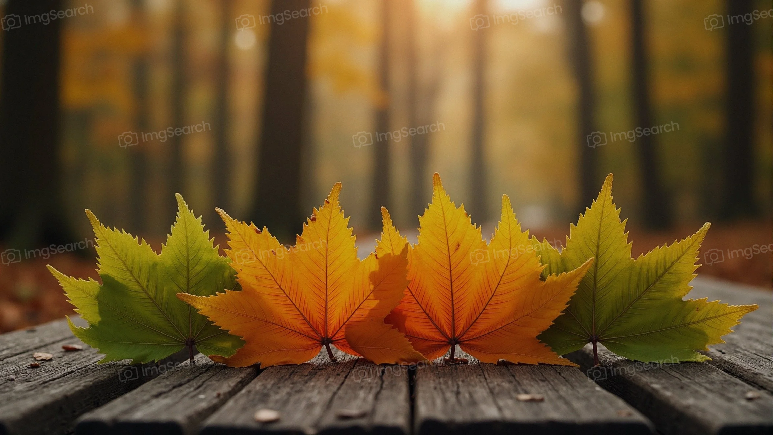 A collection of colorful autumn maple leaves on a wooden surface.