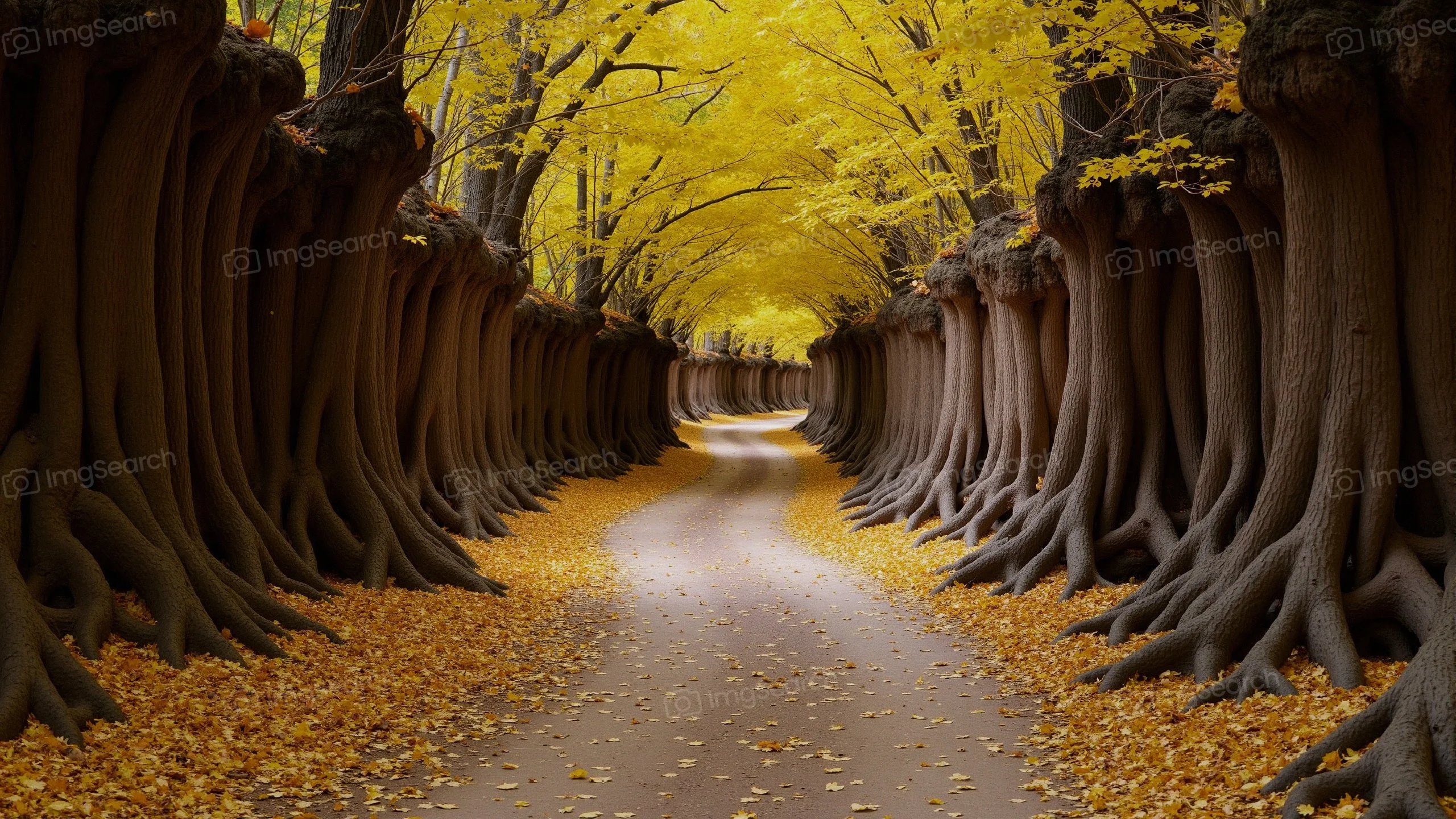 Pathway through trees with golden leaves during autumn