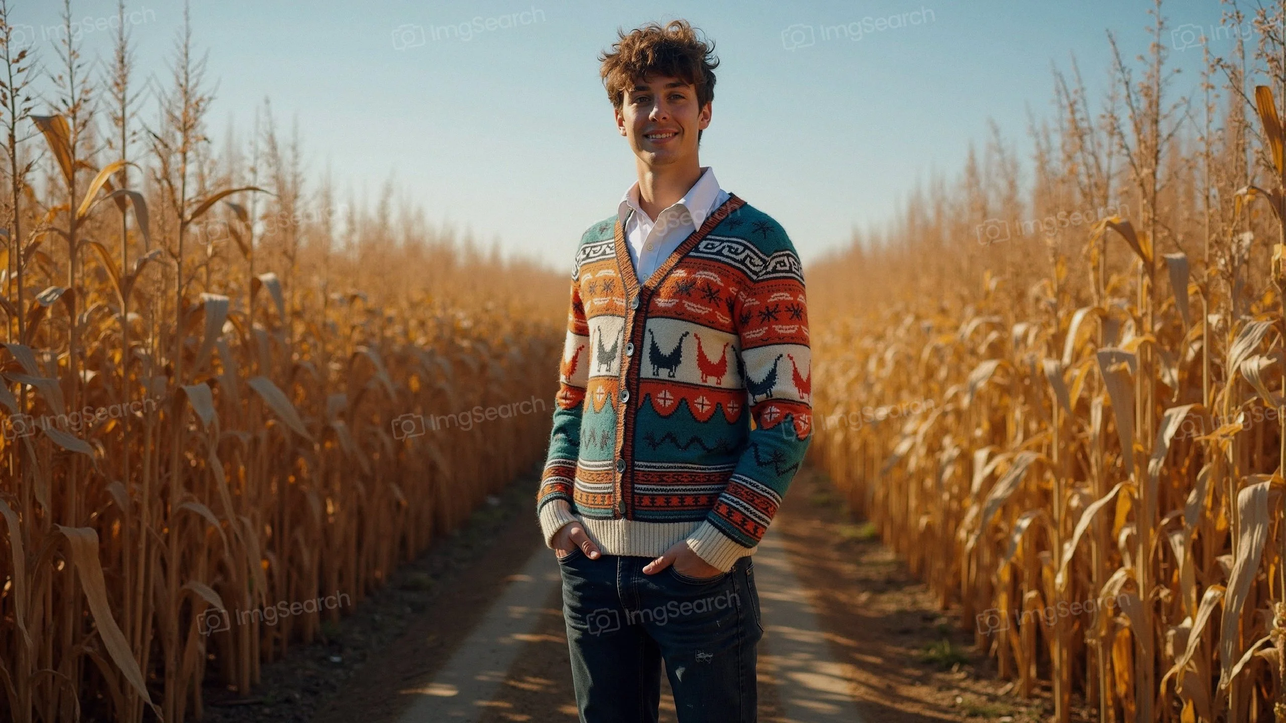 A young man wearing a colorful sweater standing in a golden cornfield under a blue sky.