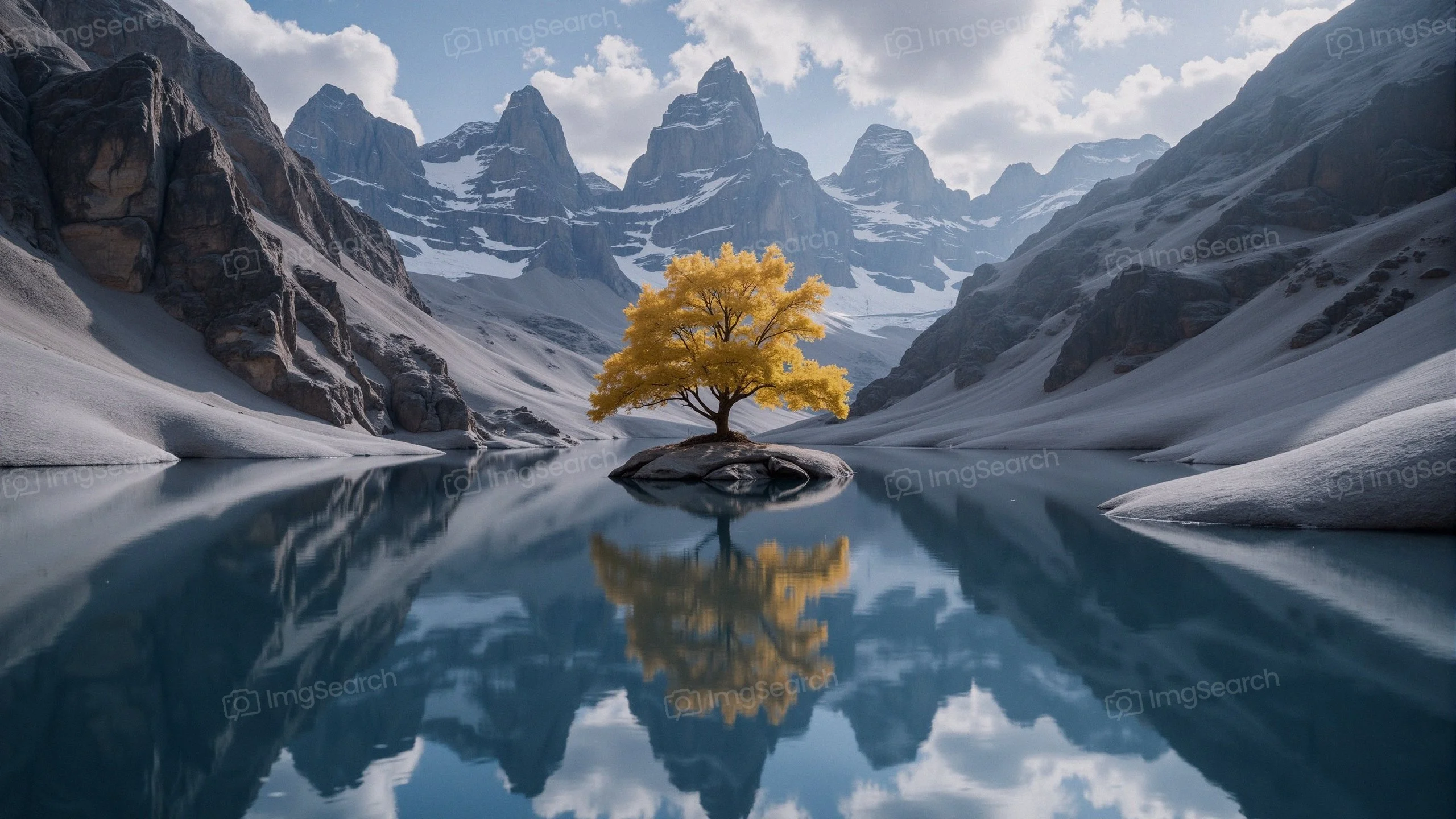 A golden tree on a rocky island reflecting in a tranquil lake surrounded by snow-capped mountains.