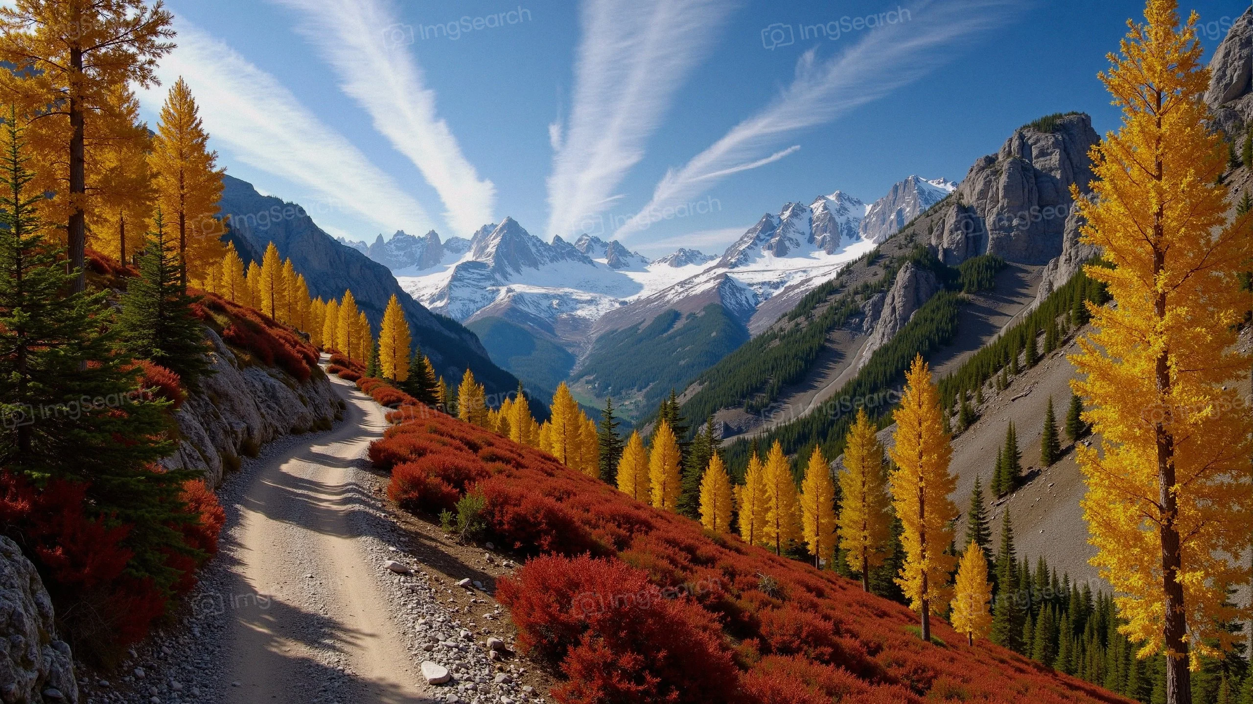 A picturesque mountain landscape in autumn showing a dirt path, golden trees, snow-capped peaks under a blue sky.