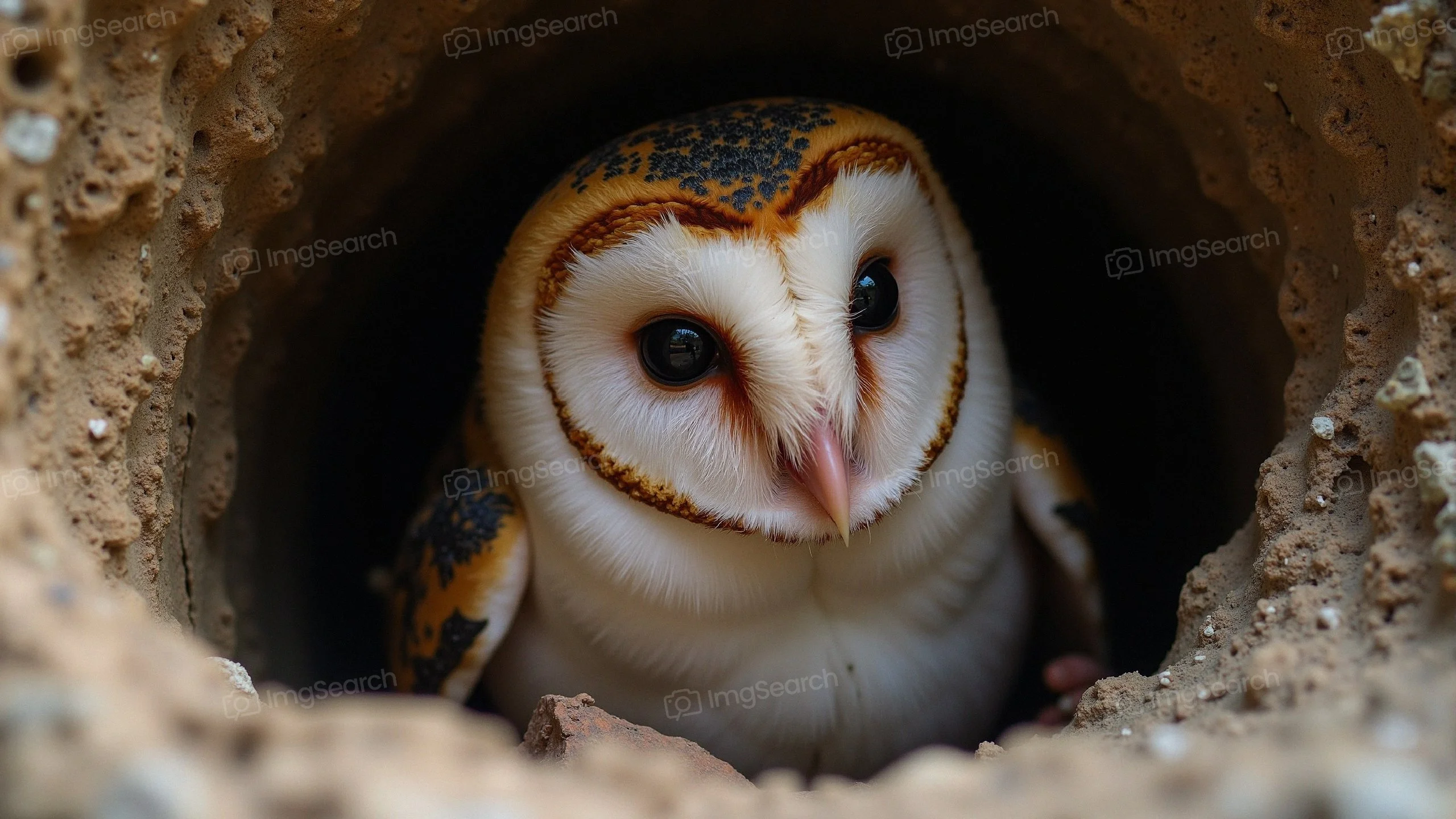 Close-up of a barn owl looking out from a nesting hollow