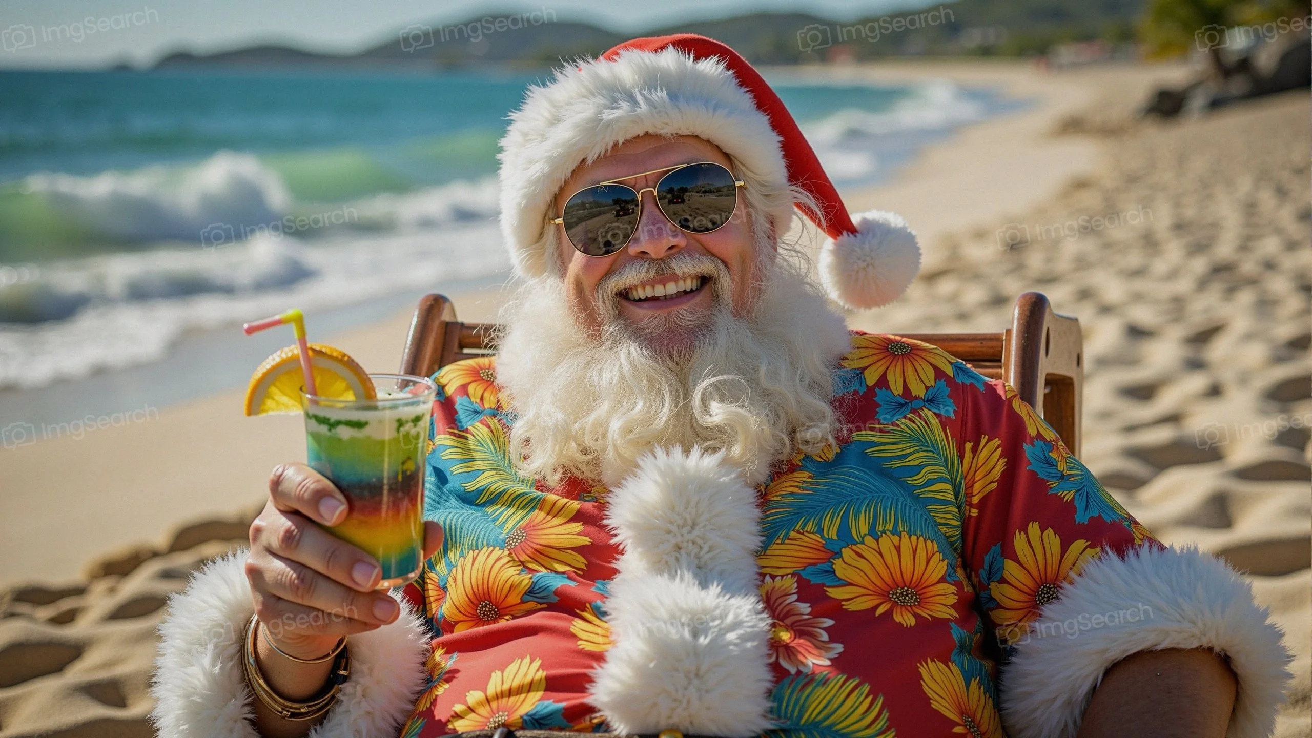 A smiling Santa Claus in sunglasses lounging on the beach holding a colorful tropical drink.