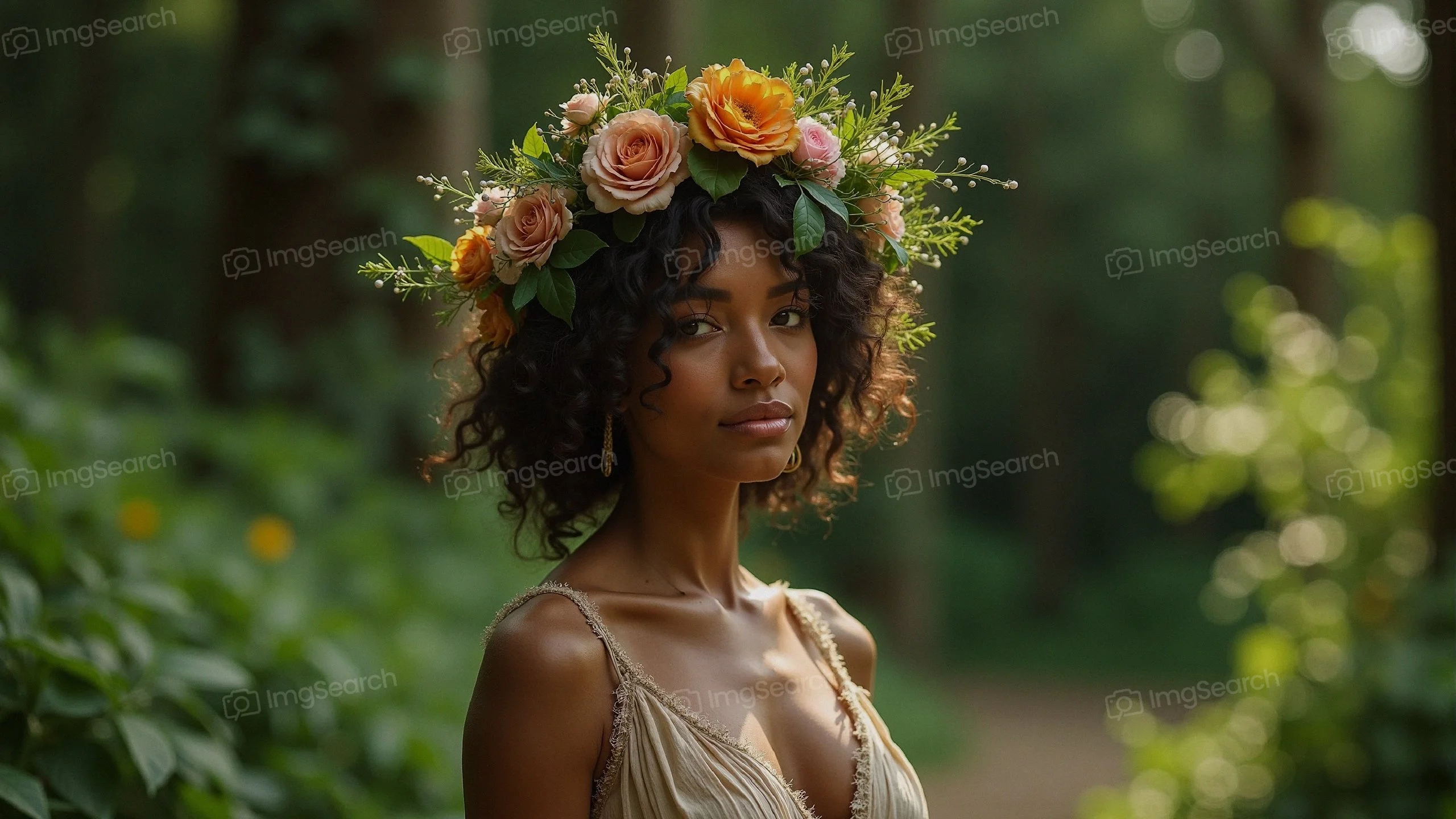 A woman with curly hair wearing a floral crown in a forest