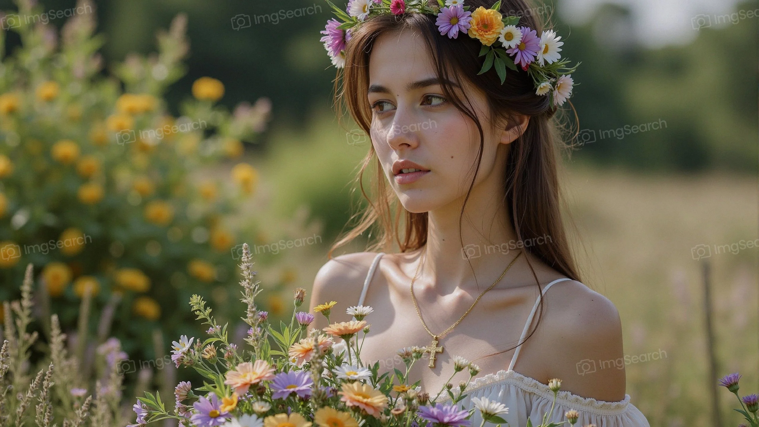 A young woman with a floral crown in a field of flowers, radiating natural beauty.