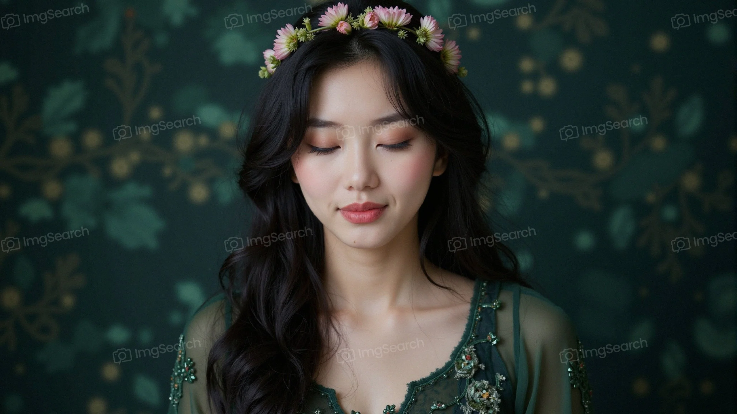 A young woman with a floral crown, eyes closed, against a green background.