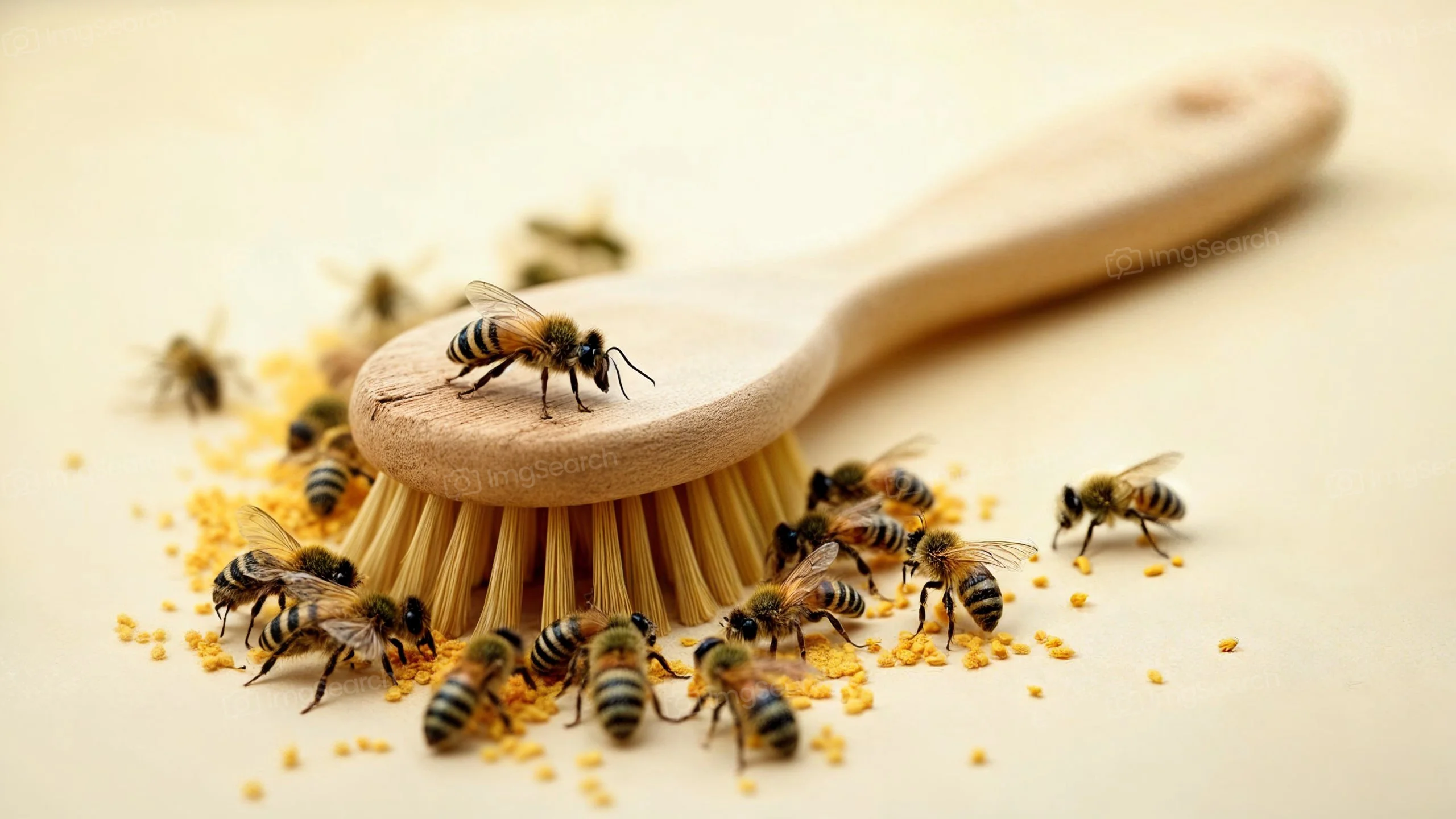 Close-up of bees gathered around a wooden brush with pollen grains scattered around.