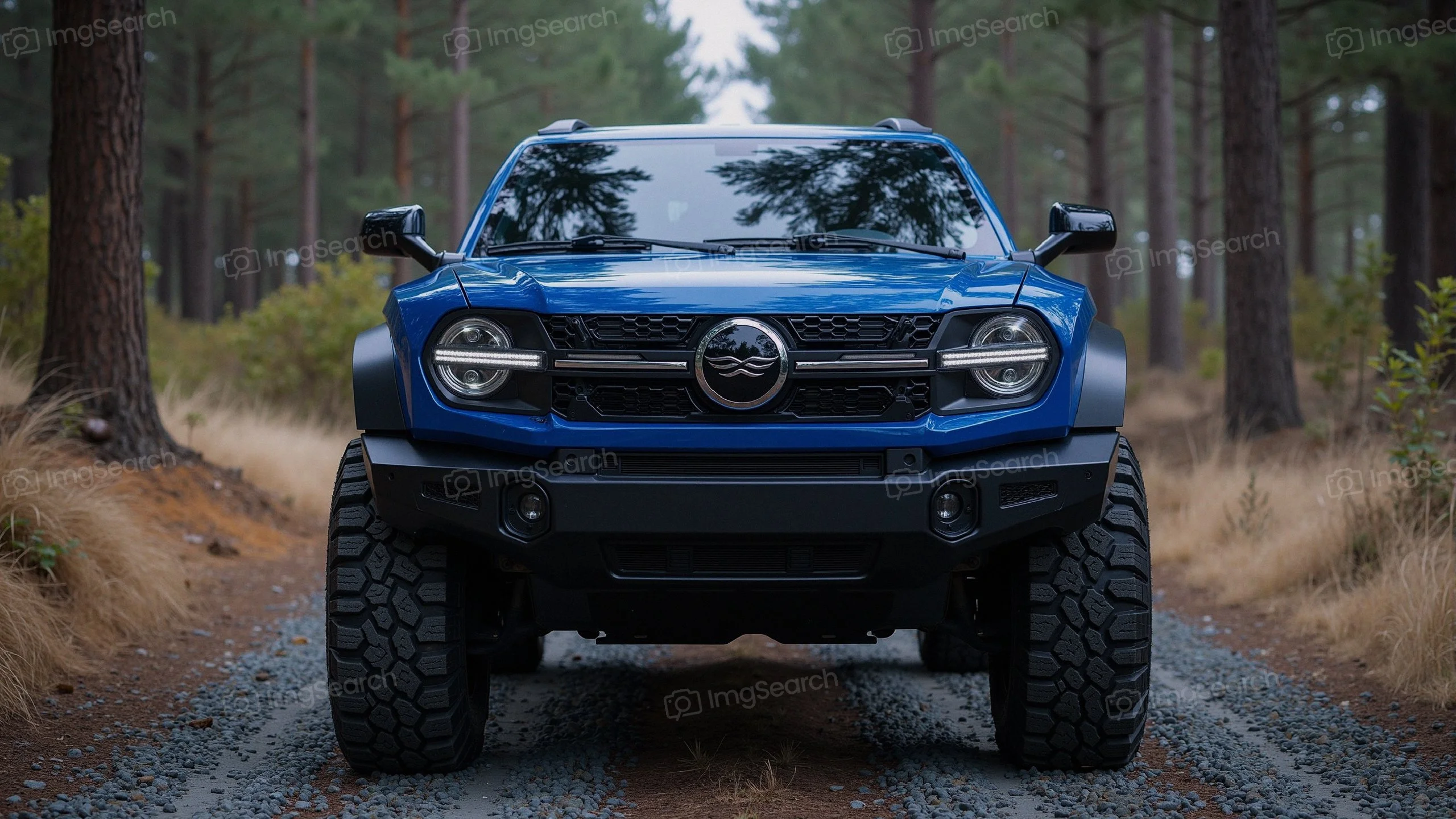 Front view of a blue off-road vehicle on a forest path