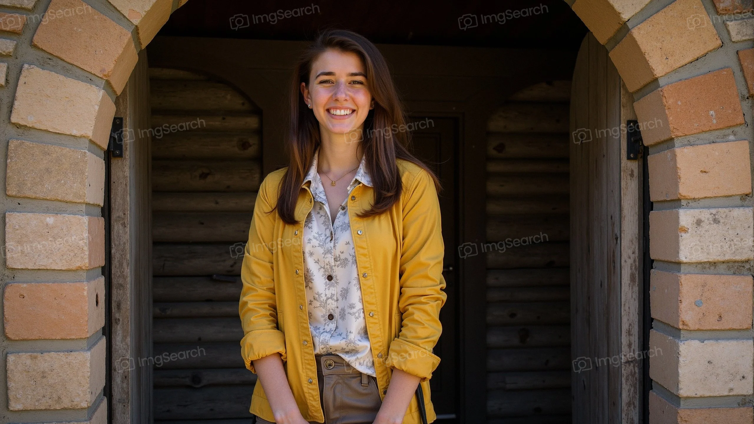 A young woman in a yellow jacket smiling in a rustic doorway