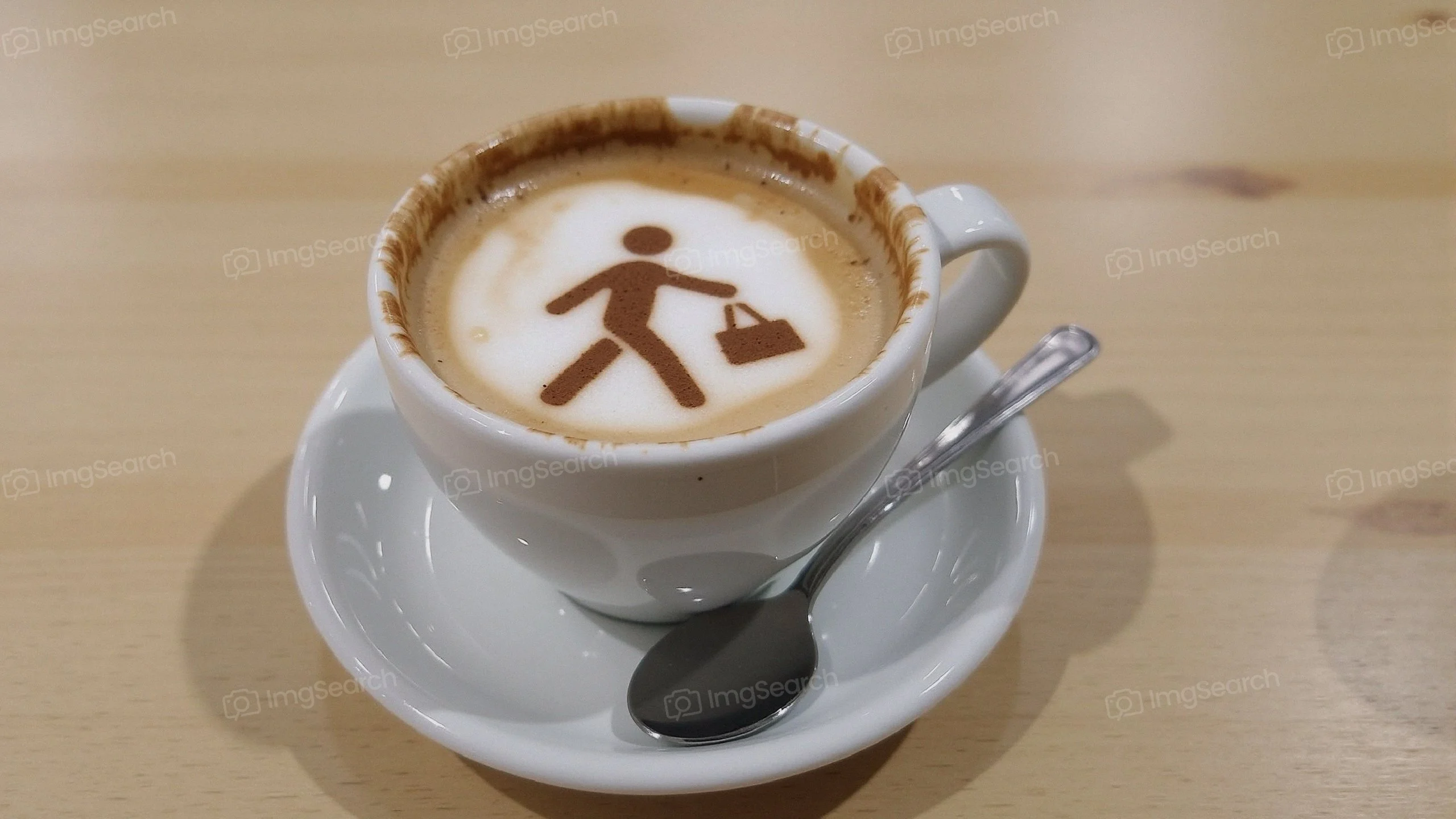 A cappuccino with foam art depicting a walking figure with a briefcase