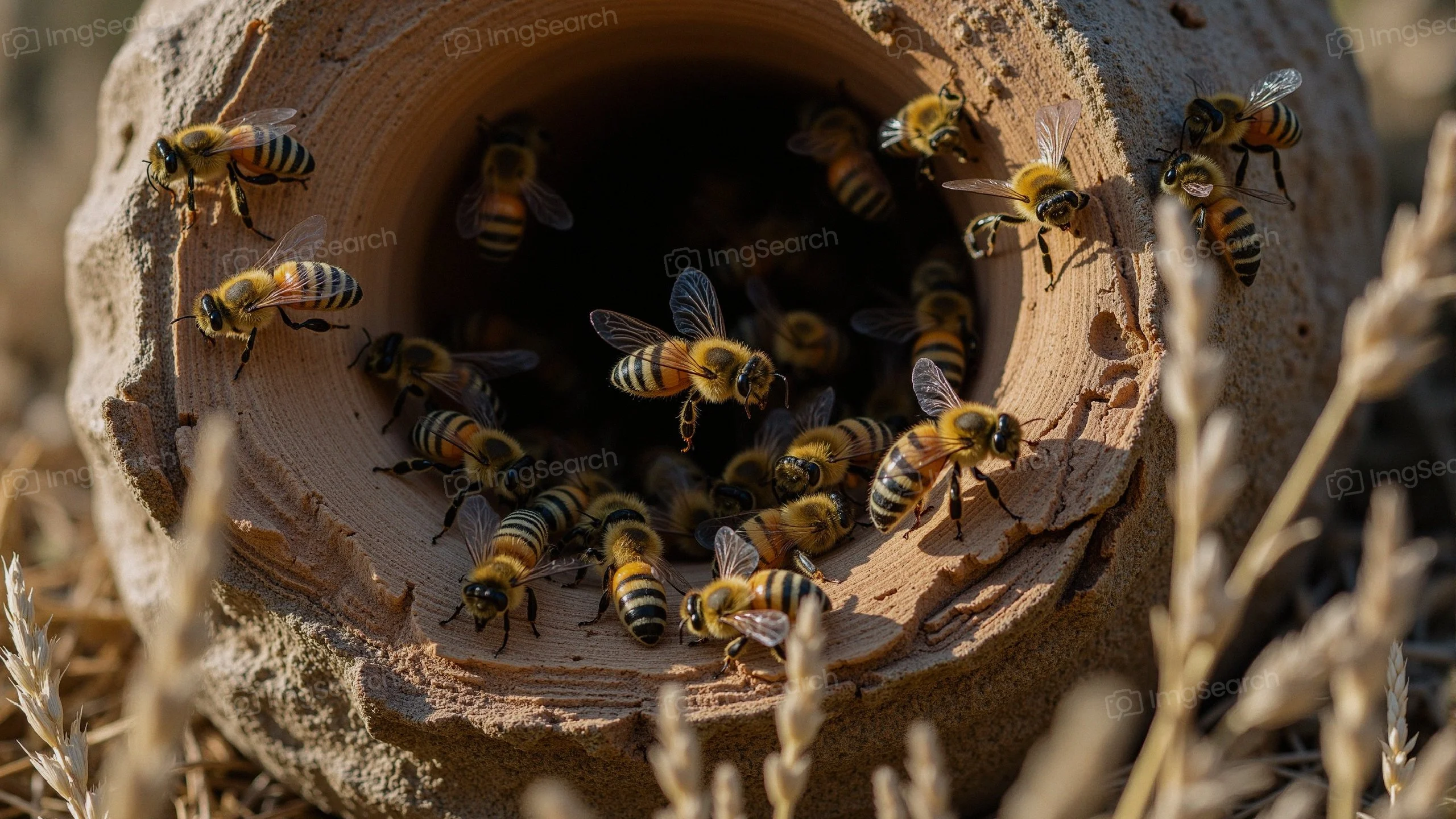 A swarm of bees at the entrance of a wooden hive, surrounded by dried grass.