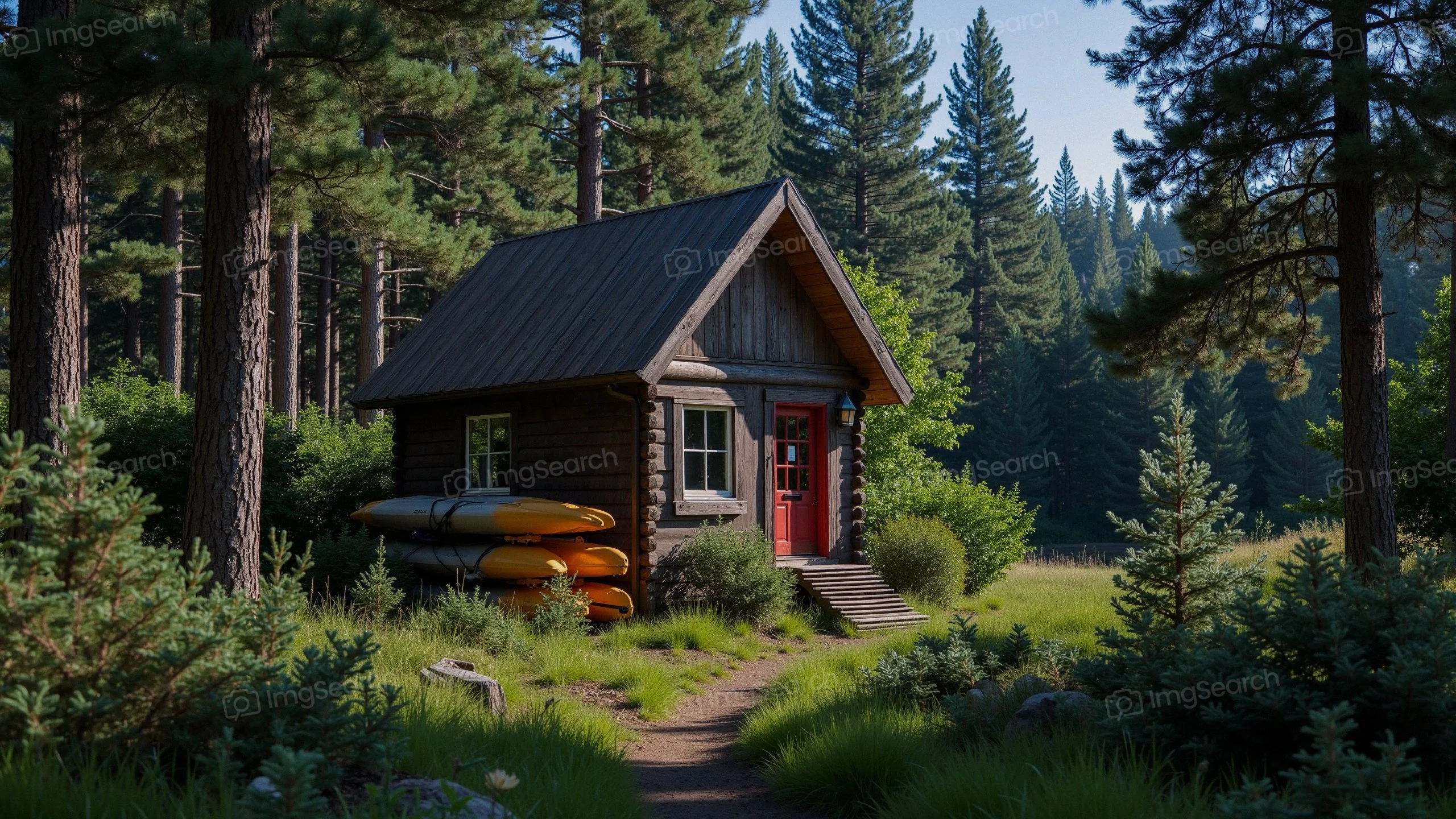A wooden cabin in a forested area, surrounded by greenery kayaks.