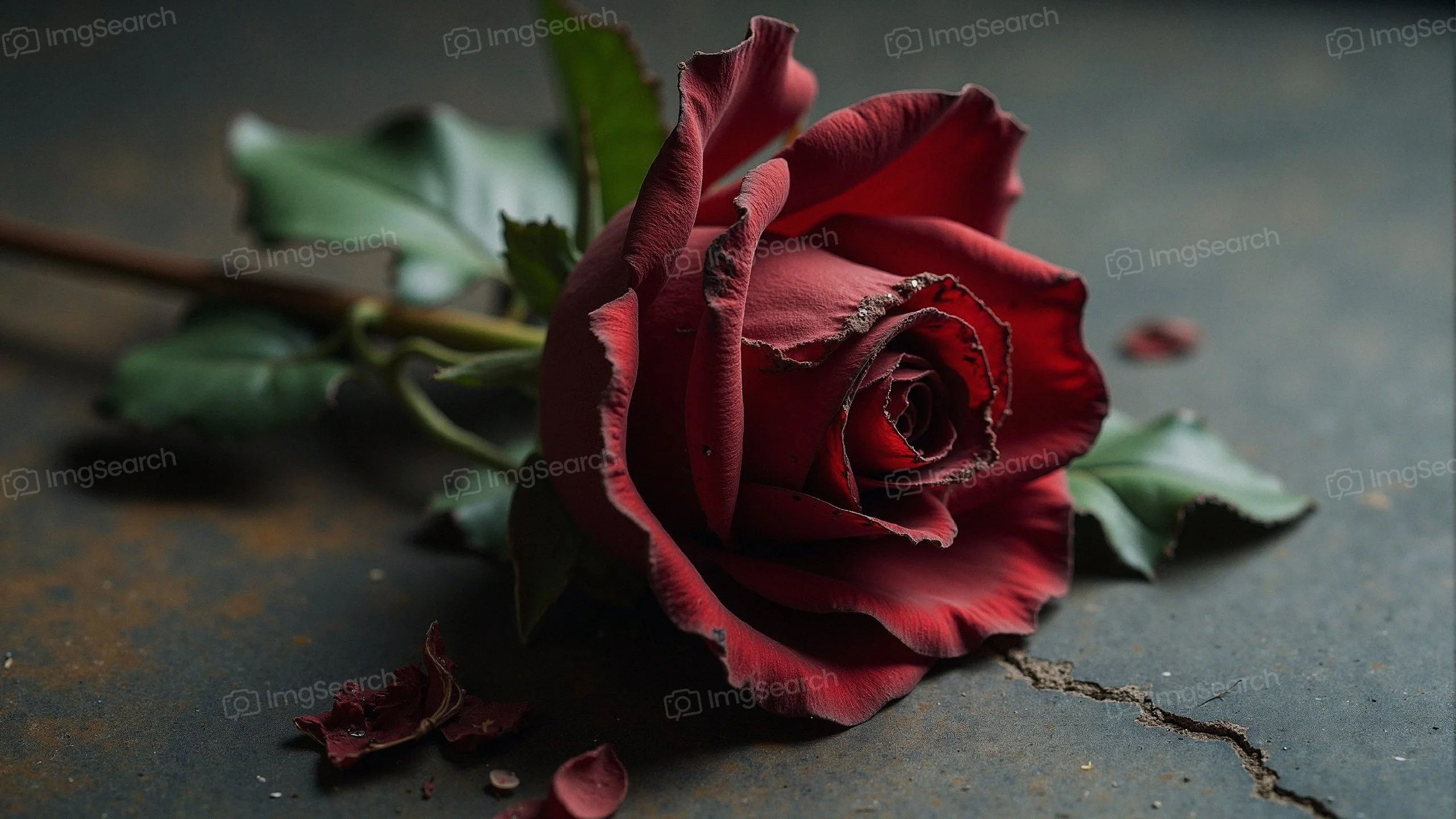 Close-up of a red rose with petals leaves on a rustic background