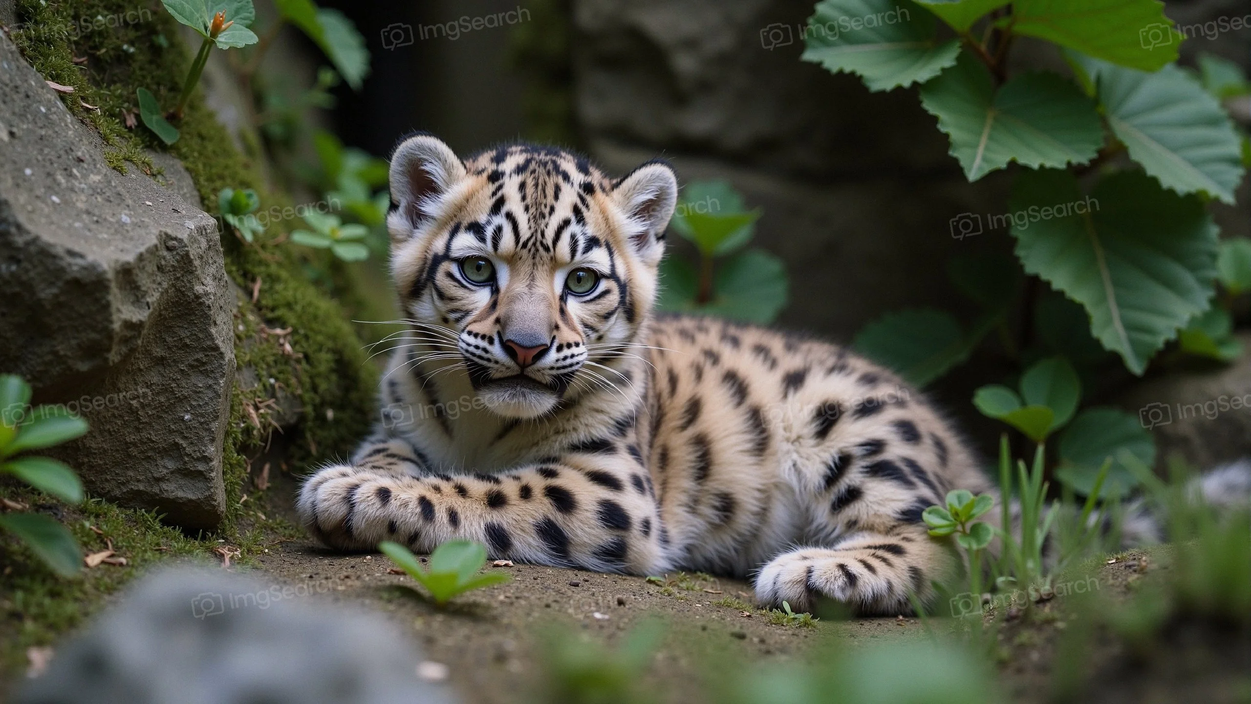 A snow leopard cub lounging in a natural setting surrounded by leaves rocks