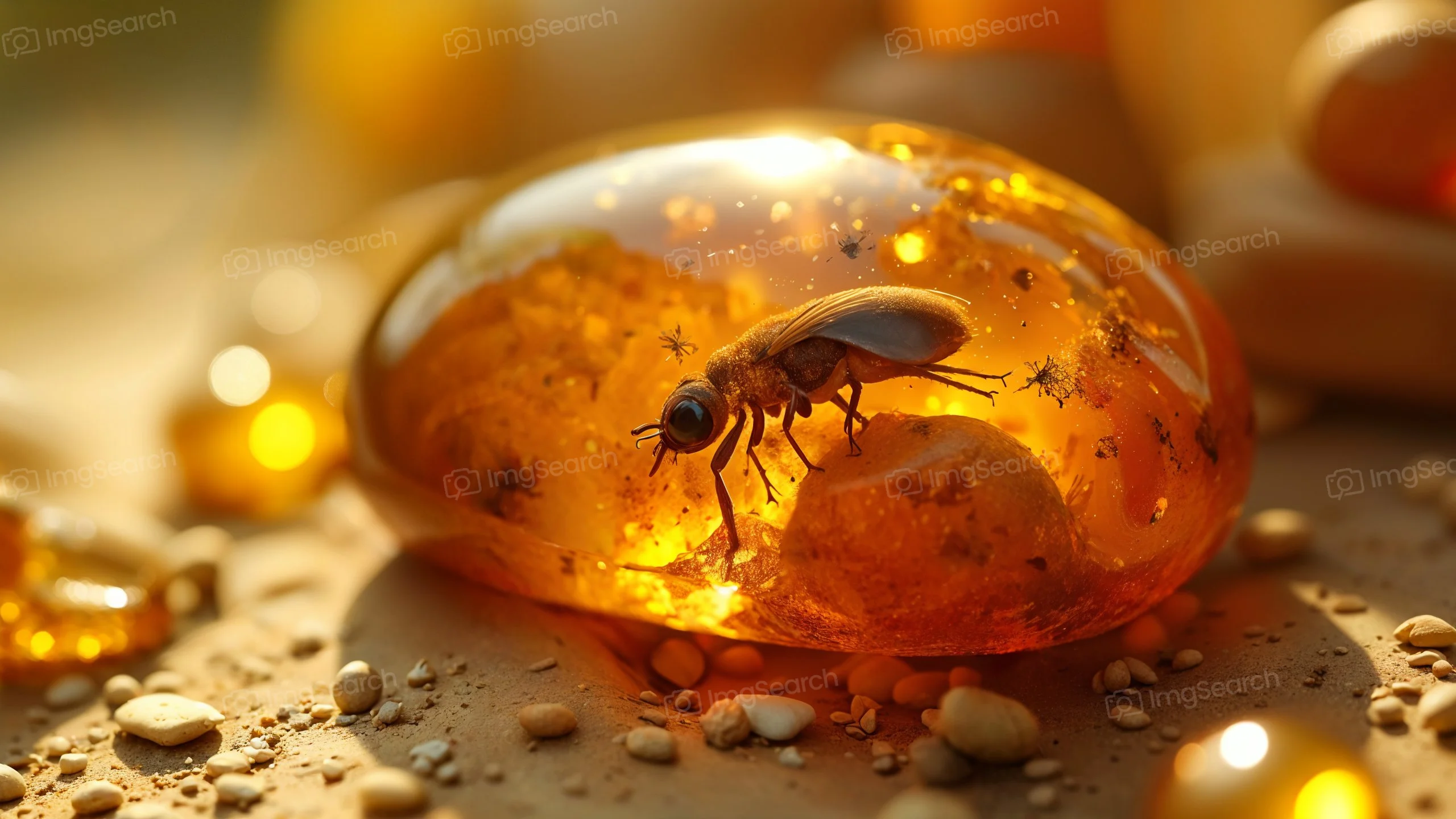 A close-up view of a bee trapped in a piece of amber with a beautiful golden hue.